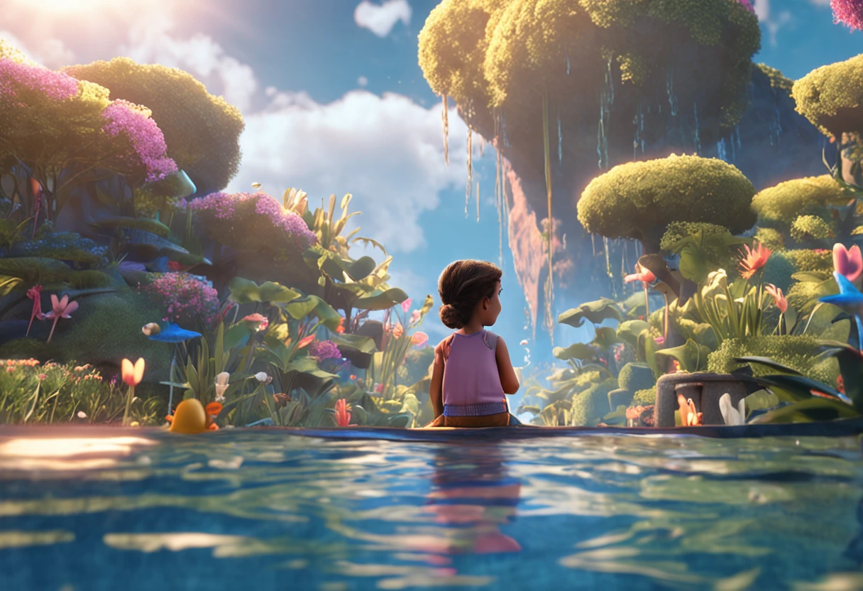 movie picture quality,Disney animation,Disney animated films,Little girl swimming in sky sitting on koi,Short hair and small braids,Denim suspenders,The barefoot,depth of fields,high light,Real light,Ray traching,oc rendered,Hyper-realistic,best qualtiy,8K,Works of masters,super-fine,Detailed pubic hair,Correct anatomy,sharp focus on eyes,Bokeh,Facial features are carefully depicted