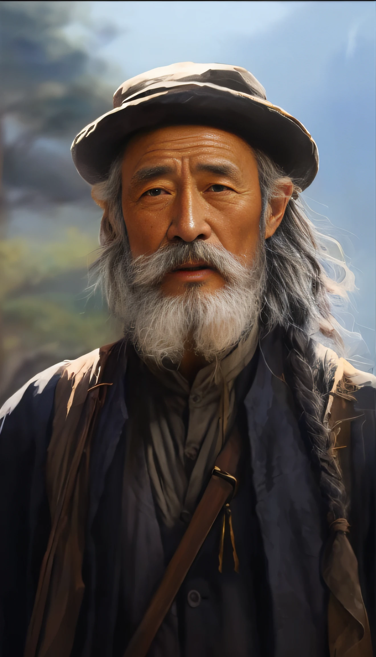 with a long beard，Arafeld man in a hat, Inspired by Hu Zaobin, Wise old man, digital painting photoshop, in stunning digital paint, inspired by Wu Daozi, An old man, very detailed digital painting, inspired by Lu Zhi, Realistic digital painting, hyper realistic digital painting, Digital painting style, stunning digital painting