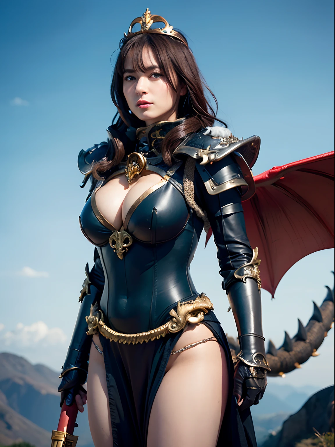 (masutepiece), Professional , ​masterpiece、top-quality、photos realistic , depth of fields 、（Dragon Black Metal Body:1.９),(Matte Blue Black、（cleavage of the breast）、Dragon Gold Weapon（Dragon Metal Body:1.４),Gorgeous gold weapons ,（（ Dragon's dense and gorgeous sword）） , （demonic wings）   ,warhammer 40k , adepta sororitas,Detail and gorgeous crown、（（Red hair））、（Castle background）、（（Gangle's forest background））、Beautiful Caucasian beauty、１a person、dynamic ungle,(((Detailed and ornate Black Dragon Crown)))、Smaller head、A smile、Castle background、Thin and beautiful female hands、cleavage of the breast、Soldier in iron armor on background、Mystical expression、Light Effects、intense fighting、Wind-effect、magic circles、With the legendary magic wand、Dragon's tail、