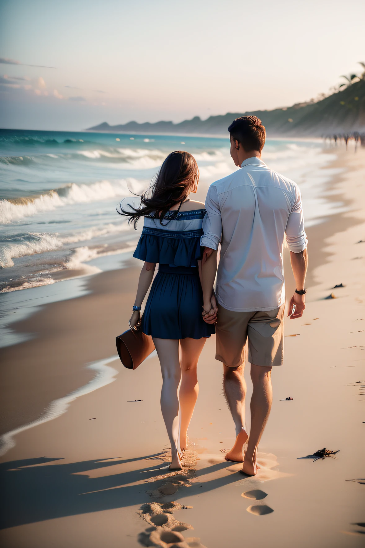 A couple walking hand in hand along a deserted beach.