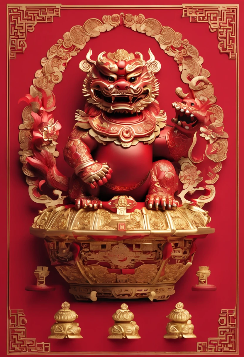 Divine beast Pixiu beckons wealth into treasure red background