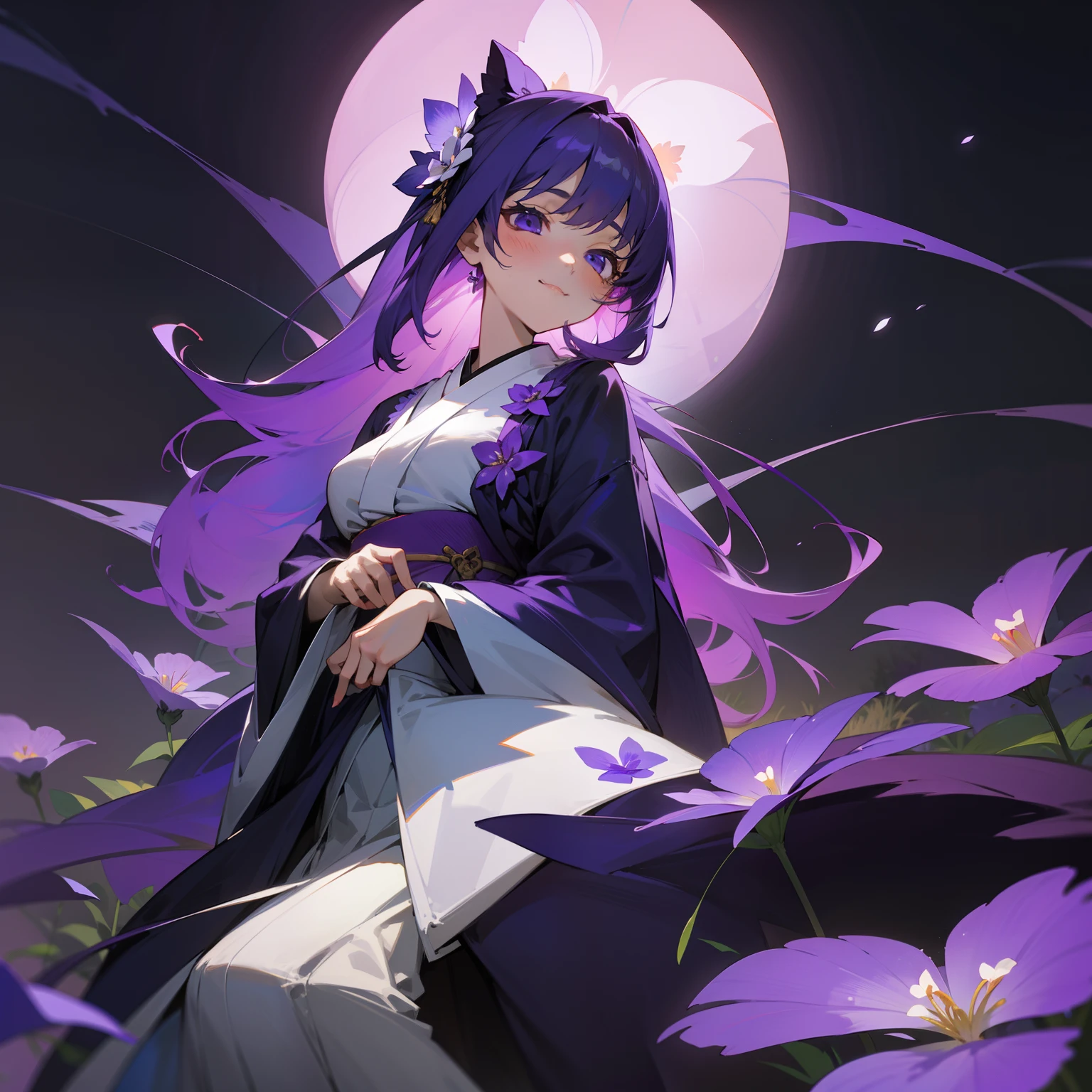 In the garden with beautiful purple and white violets、One girl stood。Her hair is in colorful shades of purple and white.、Her kimono was gorgeous in purple and black.。Its aesthetic figure is、It's as fantastic as a painting.、It was as if I was one with the nature around me.。Like the flower language of violets「blissful」with the「Pure」Her happy face symbolizes、It was as if I hoped this moment would last forever。The figure is mysterious, yet、Colorful hair and kimono、And violet flowers blooming around her々with、It was so beautiful that it seemed out of this world.。