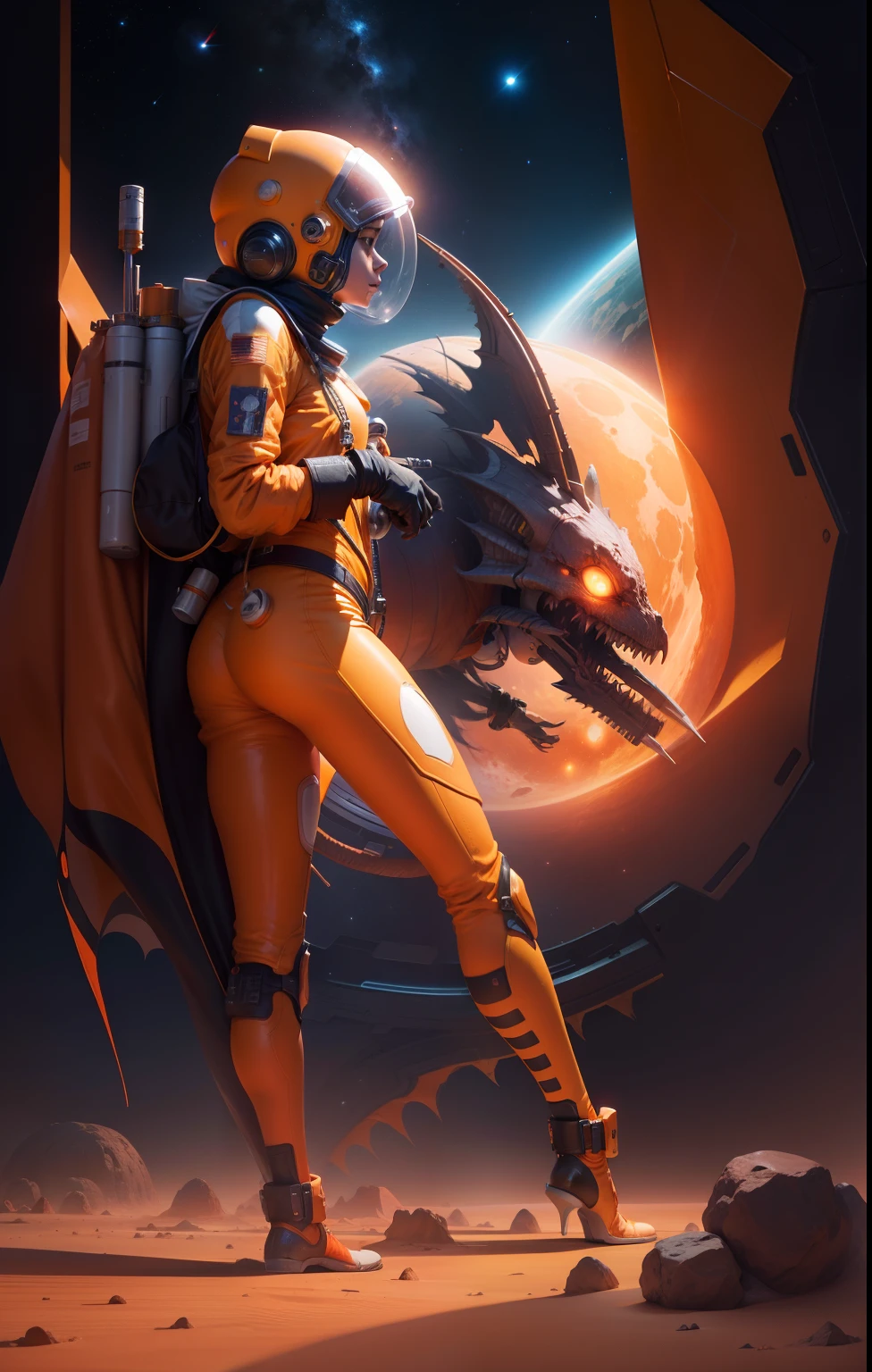 space girl in orange space suit, killing a space dragon, on a dyeing near lifeless alien desert planet.