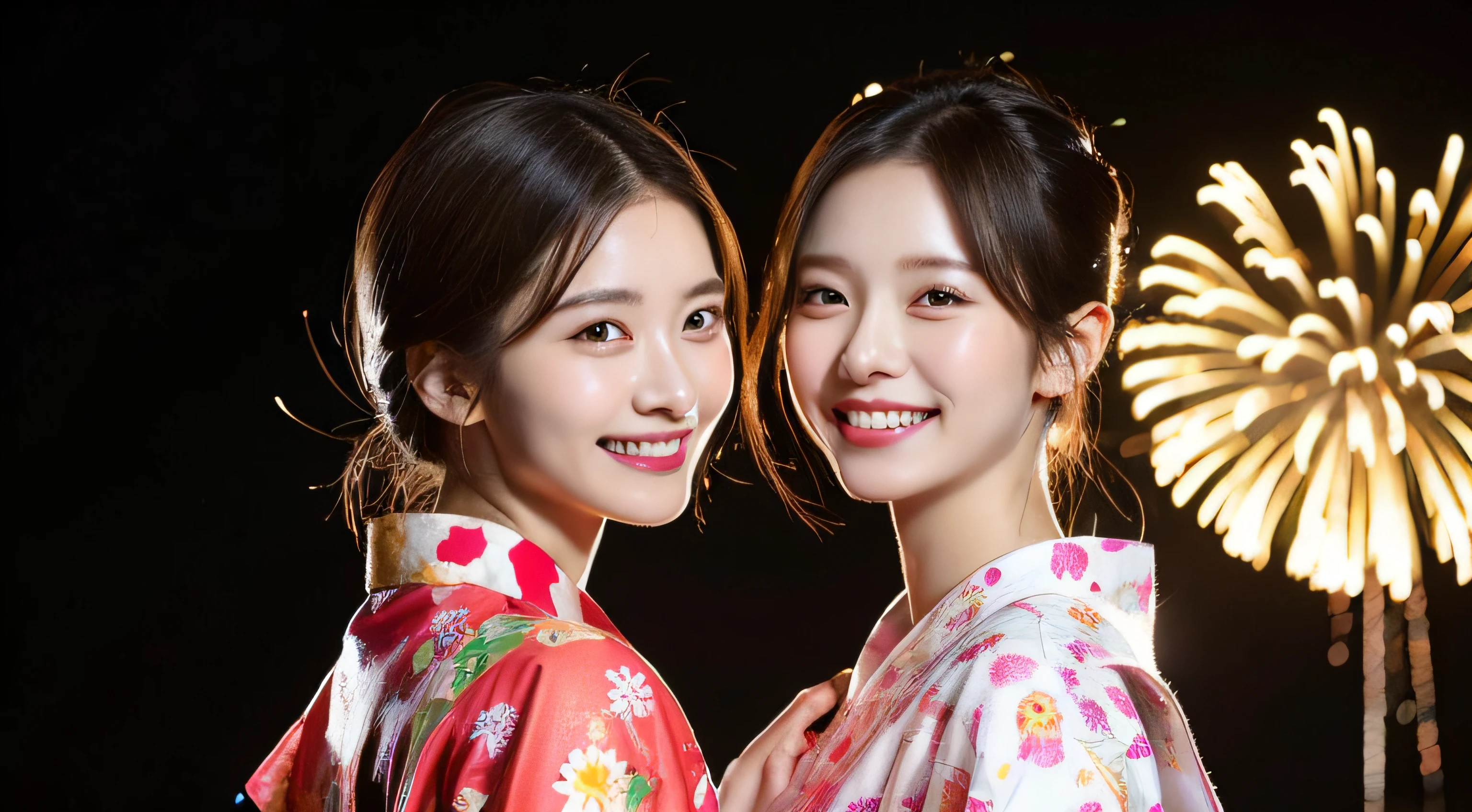 Very delicate and beautiful, very detailed eyes and face and skin, professional lighting, physically based rendering, (professional photo of girls), perfect anatomy, official art, wonderful, solo, single woman, 25 years old, dumpling hair, symmetrical clear eyes, slim, piercing, (laughing smile, happy smile: 1.3), side view, night: 1.8, yukata, launch fireworks, full body