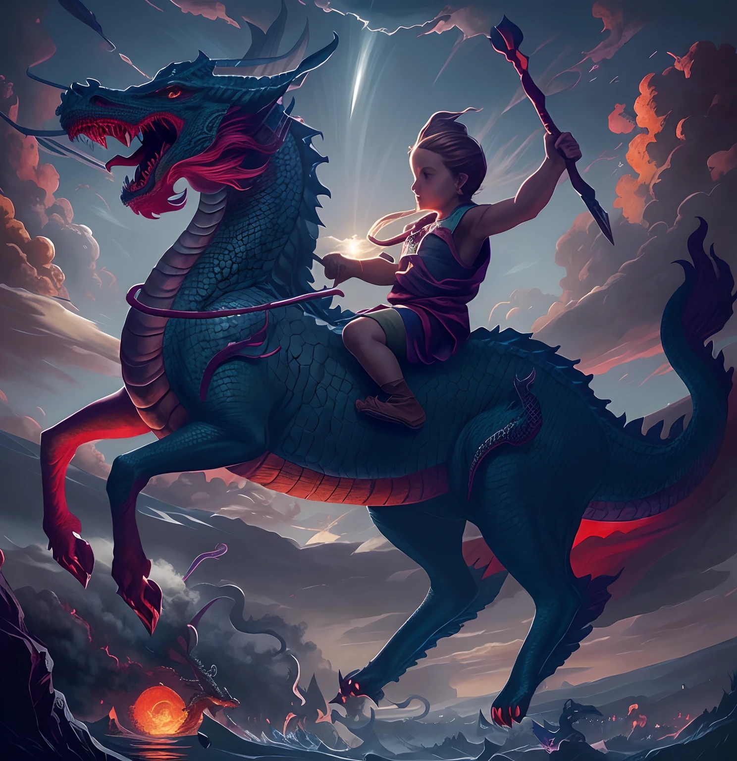 The boy rides a horse with a sword and a dragon...., evening,Dragon Rider, Dragon Ride, android jones and rhads, epic fantasy digital art style, age girl riding a dragon, Chubby vs Dragon. passenger, Children's art in art, Epic Fantasy Illustration, Jesus rides a dragon, by Adam Marczyński, digital painting greek mythology