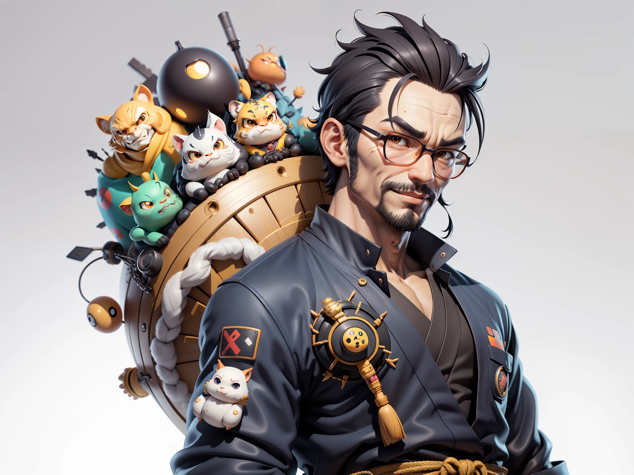 (Daisaku),(Need),(Super meticulous),(full bodyesbian:1.2),Super young man with Japanese geisha,Beautiful,orient,one tiger,Aeolian Thor,Raised sexy,爆乳,Oriental face,TV Anchor,Bust portrait illustration,In black suit,a blue tie,The face is slightly chubby,The face was clean,without a beard,Black super short hair,Black eyes,Smile confidently,3C computer sub-products,iPad, iphone,Digital painting,3D character design by Mark Clairen and Pixar and Hayao Miyazaki and Akira Toriyama,The illustration is a high-definition illustration in 4K resolution,With very detailed facial features and cartoon-style visuals。