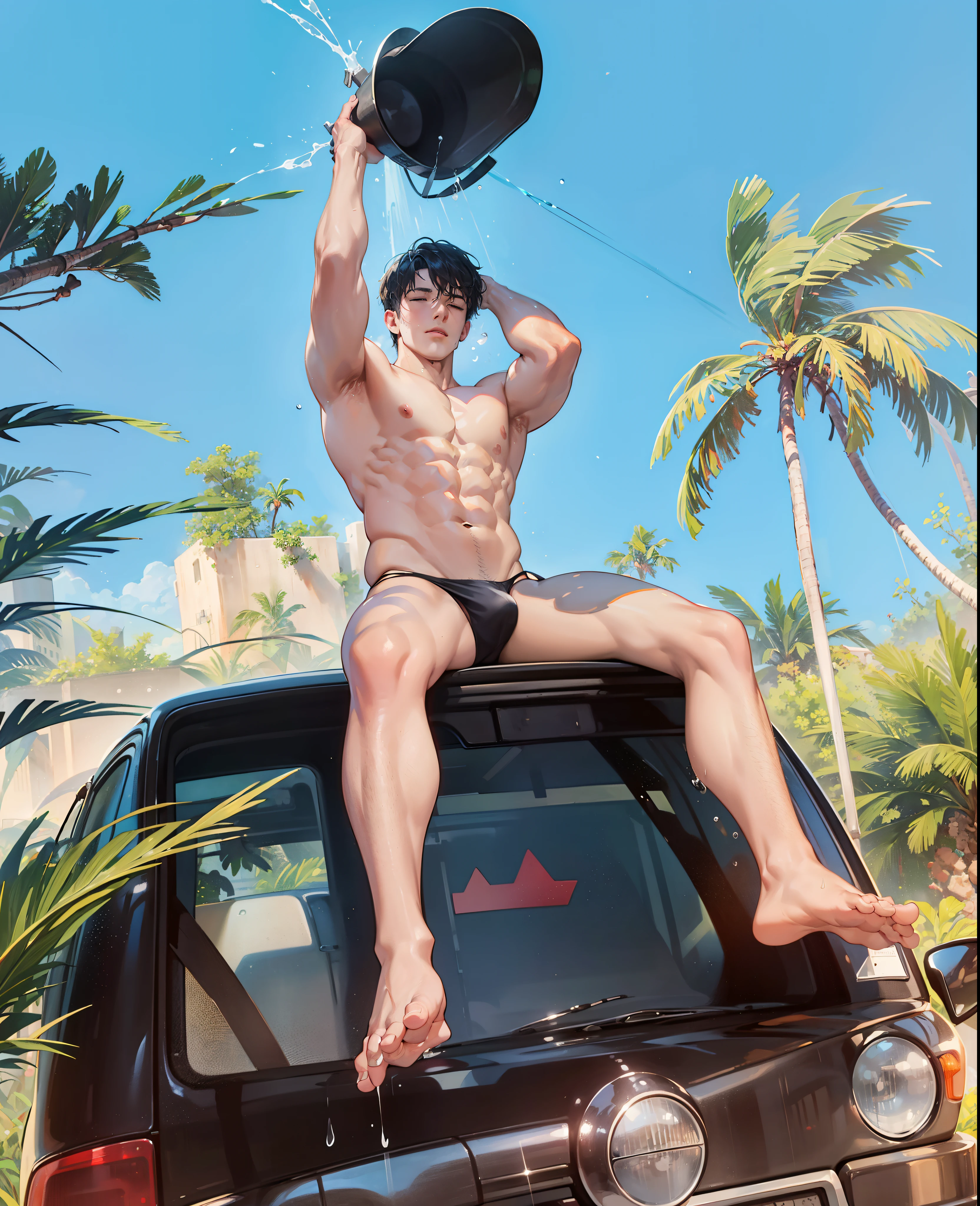 a man in a bikini is sitting on the roof of an old car Vox Wagon van, water dripping off him, topless, handsome face with detailed facial features, he is closing his eyes and tightly shut his lips, rubbing his hair by his left hand, his right hand is holding the bucket and pouring water over his body, masucline chubby stocky body, correct accurate male anatomy and correct number and arrangement of fingers and toes, shiny wet erotic looking muscles and skin, flawless white skin, wearing transparent green tight thong highlighting his big bulge, opening and spreading his thighs, thicc thick thighs, big super pecs, big erect pink nipples, big biceps, wide shoulders, showing his belly button, wearing nothing, shirtless, splashing of water from the bucket, soap foam are dripping down on his body, beautiful coconut tress and stormy dark black sky background, Andrew Christian manual car wash style, water drops and spray environment, professional DSLR shoot and retouching details, sharpness, shadow, highlight, depth of field, beauty ratio golden ratio, masterpiece, high quality detailed fine resolution illustration art, professional lighting flash photo