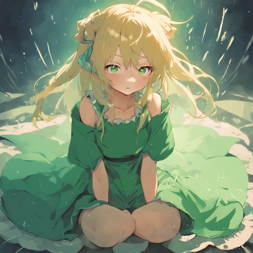 Anime girl with blonde hair and green dress sitting on green blanket, Splash art anime Loli, Guweiz in Pixiv ArtStation, trending on artstation pixiv, style of anime4 K, Guweiz on ArtStation Pixiv, zerochan art, Anime fantasy illustration, loli in dress, pixiv contest winner, Digital art on Pixiv