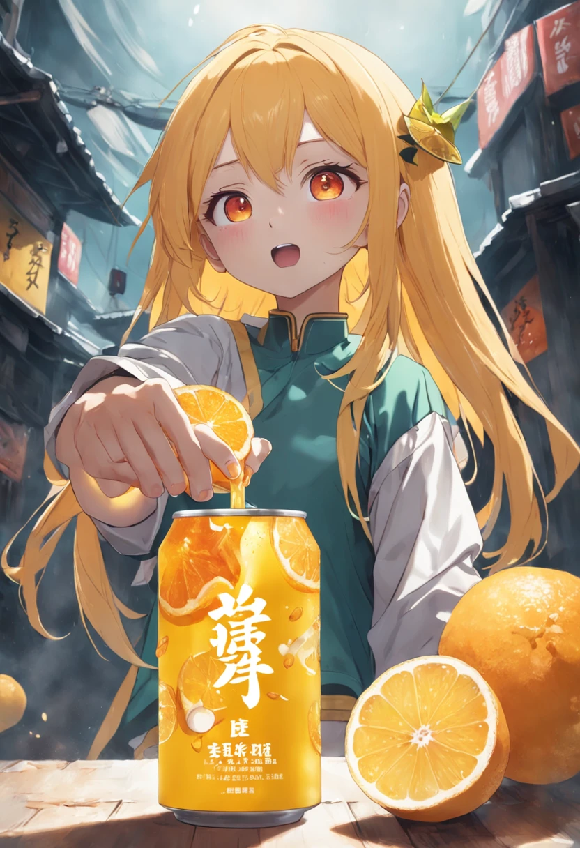 Someone is holding a bottle of orange juice with a sticker, drink, made of drink, it has lemon skin texture, lemon demon, Wang Chen, energy drink, qiangshu, made of lava, daoshu, 千 葉 雄 大, Fire punch, komono, zmonzheng