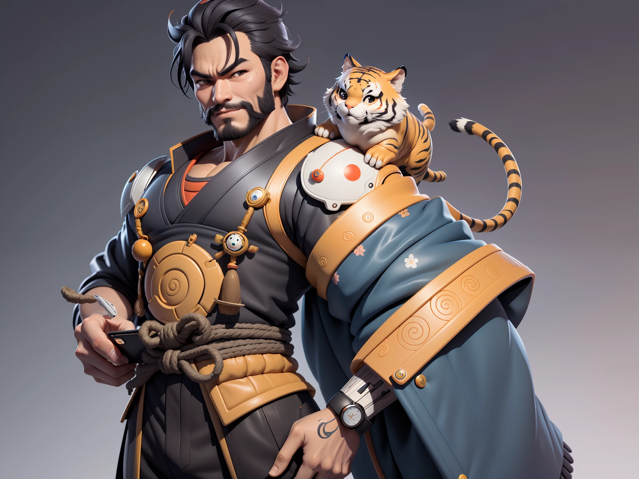 (Daisaku),(Need),(Super meticulous),(full bodyesbian:1.2),Super young man with Japanese geisha,Beautiful,orient,one tiger,Aeolian Thor,Raised sexy,爆乳,Oriental face,TV Anchor,Bust portrait illustration,In black suit,a blue tie,The face is slightly chubby,The face was clean,without a beard,Black super short hair,Black eyes,Smile confidently,3C computer sub-products,iPad, iphone,Digital painting,3D character design by Mark Clairen and Pixar and Hayao Miyazaki and Akira Toriyama,The illustration is a high-definition illustration in 4K resolution,With very detailed facial features and cartoon-style visuals。