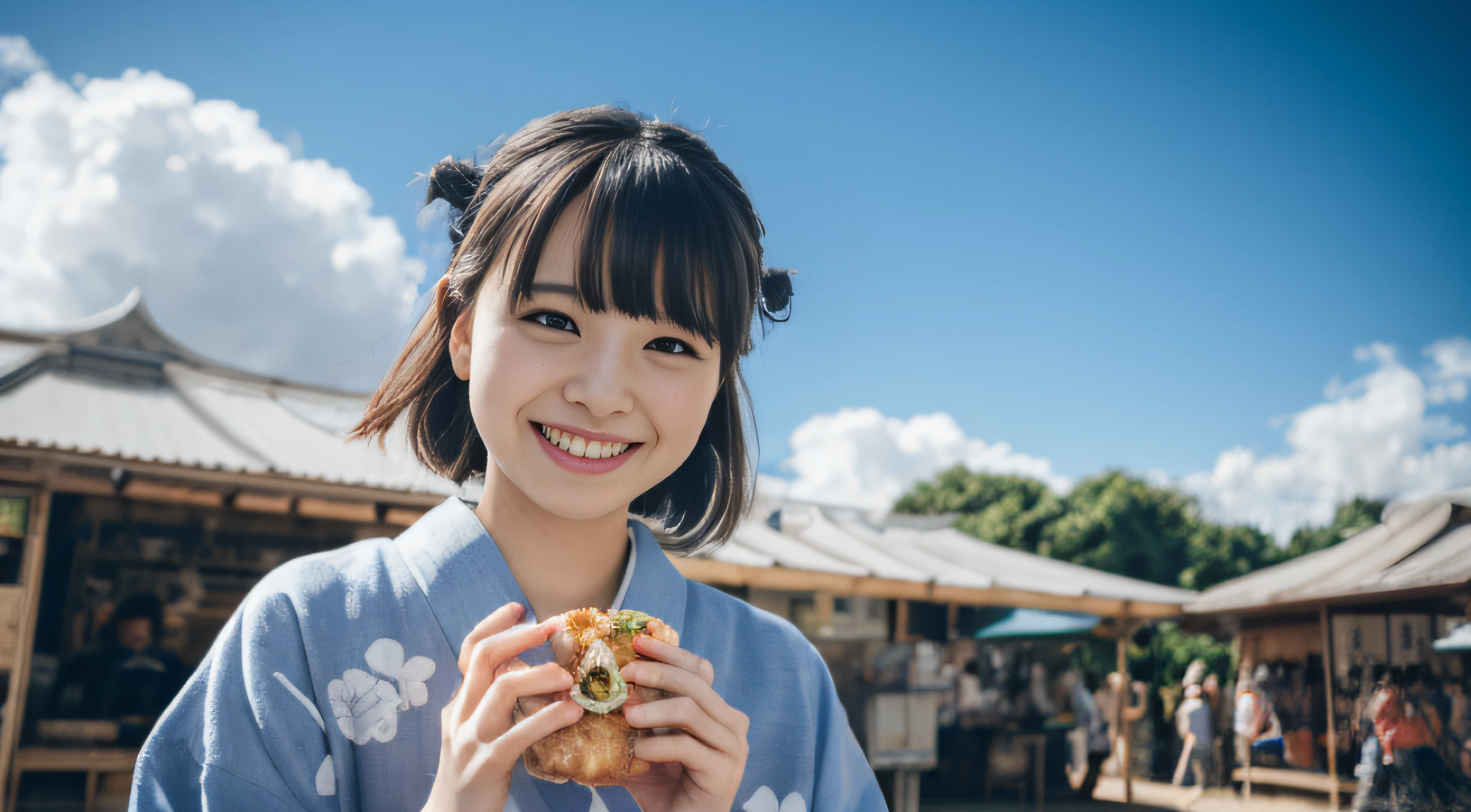 japanse、Festival of Japan、Japan festival、food stand、Wearing a colorful yukata、The head is neatly tied、hair adornments、Happy face、Photorealsitic、depth of fields、女の子1人、The girl is backlit、Clouds in the sky、Cloudy weather、Holding a fan in his hand、