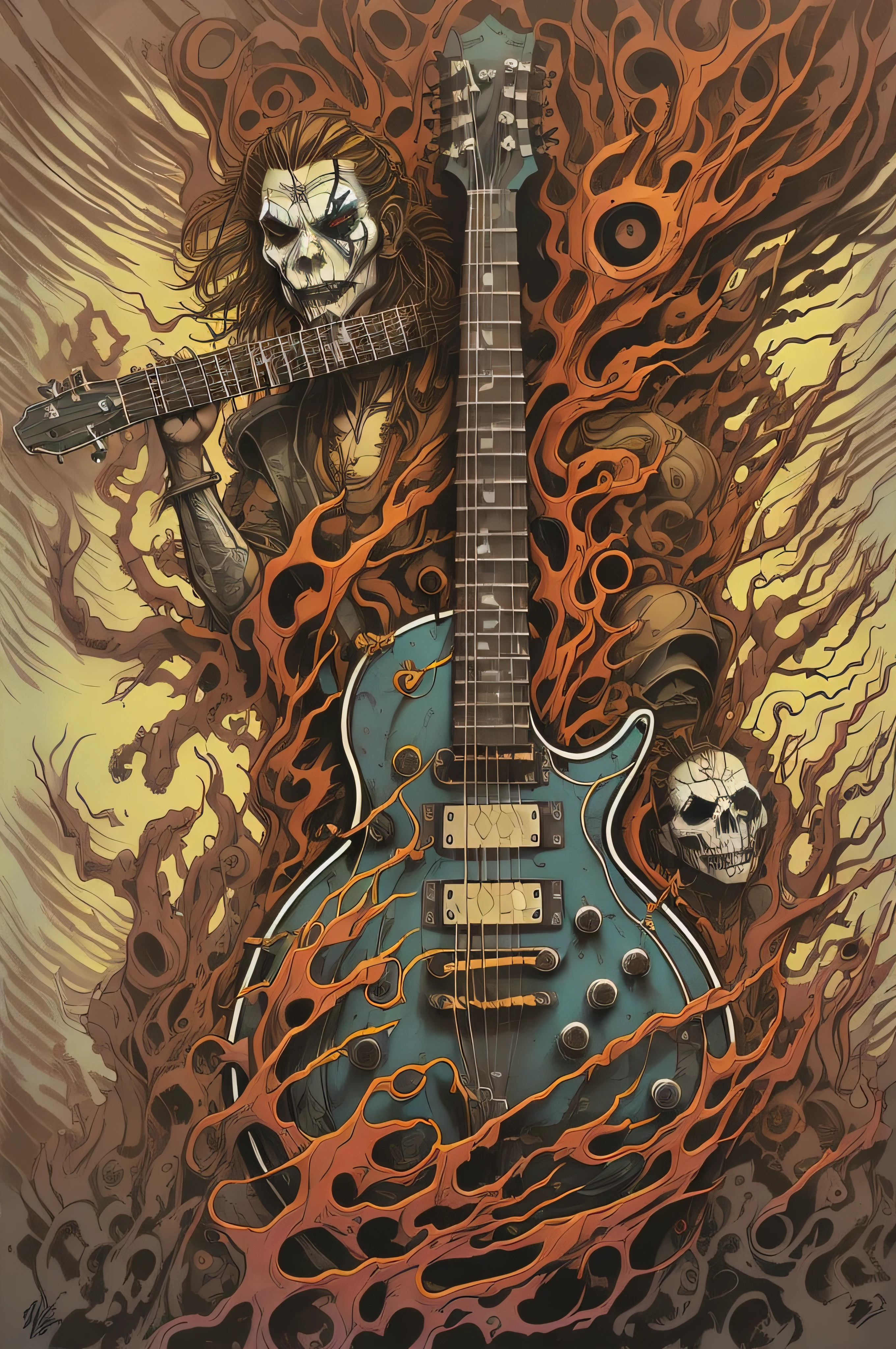 um close up de uma guitarra com uma caveira, arte detalhada da capa, estilo de arte heavy metal, arte em heavy metal, arte da capa dos quadrinhos de heavy metal, Dan Mumford e Alex Grey Estilo, estilo Aaron Horkey, Aaron Horkey, Mark Brooks detalhou, arte conceitual da guitarra, no estilo dos quadrinhos de heavy metal, No estilo de arte de Dan Mumford, arte de capa altamente detalhada