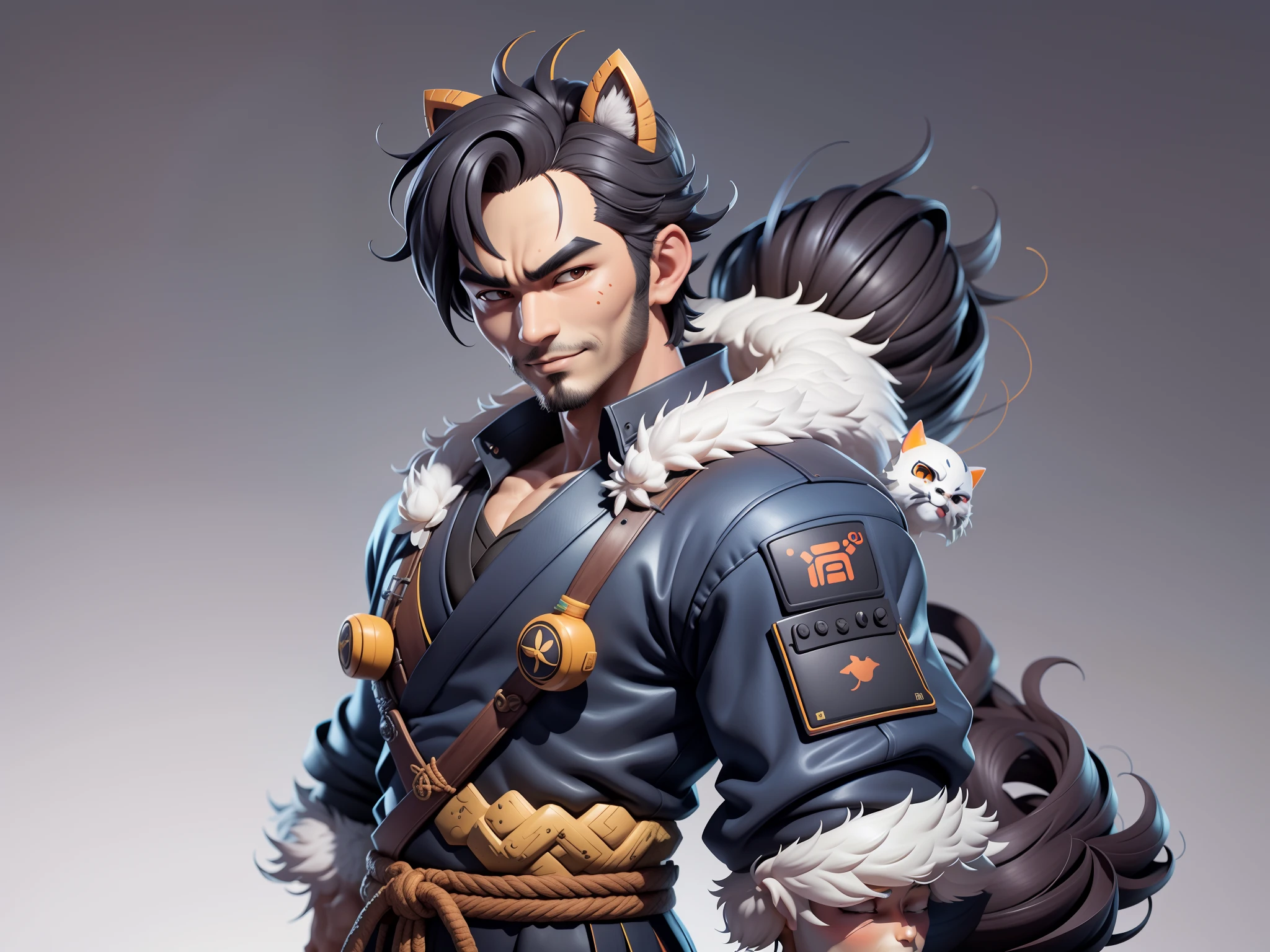 (Daisaku),(Need),(Super meticulous),(full bodyesbian:1.2),Super young man with Japanese geisha,Beautiful,orient,one tiger,Aeolian Thor,Raised sexy,爆乳,Oriental face,TV Anchor,Bust portrait illustration,In black suit,a blue tie,The face is slightly chubby,The face was clean,without a beard,Black super short hair,Black eyes,Smile confidently,3C computer sub-products,iPad, iphone,Digital painting,3D character design by Mark Clairen and Pixar and Hayao Miyazaki and Akira Toriyama,The illustration is a high-definition illustration in 4K resolution,With very detailed facial features and cartoon-style visuals。