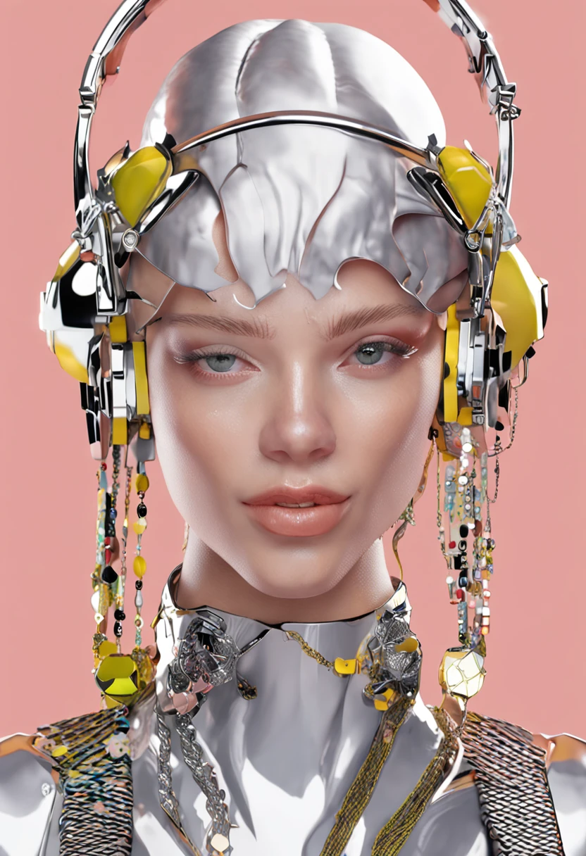 An idea, Art girls who love to express themselves through fashion choices. She has a keen eye for detail，I like to mix and match different shades of yellow to create eye-catching colors。, futuristic look. She often incorporates unusual elements, Such as metal embellishments or holographic details, Incorporate into her outfit，Give them extra personality. Ray tracing, 32K, hyper HD, Glaring, rendering by octane, illusory engine, Alisa Daniel model pastel color glossy candy color, full bodyesbian, dynamicposes, full light, fantasy, Deviant-art, conceito, illustration, high sense illustration, illumination, 8K, Masterpiece, Best quality, Reflective fabric, Highly detailed pointers, Blush, Aesthetic, Fashion sketch