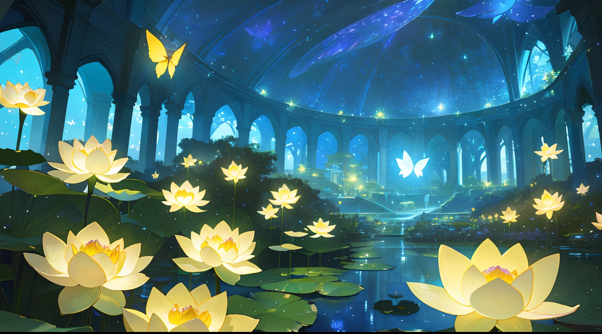 (top quality, masterpiece, ultra-realistic), night, starry skies, magical indoor botanical garden, dome, sparkling bioluminescent river, lots of flowers, lotus, glowing butterflies, background landscape is a garden with petals and papas flying around. --v6