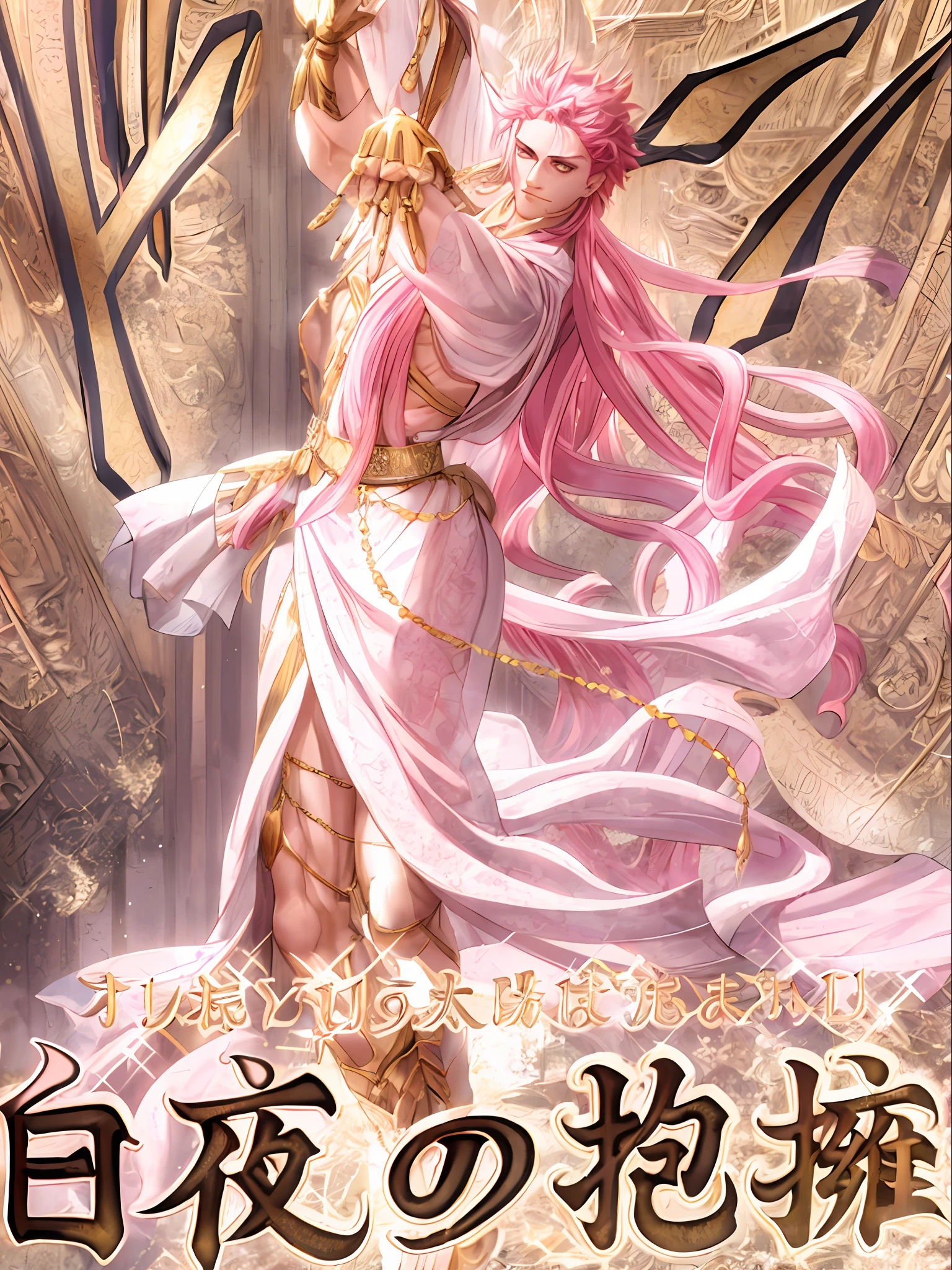 Greek god Apollo in model pose, ((pink hair)), white robe and golden jewelry.