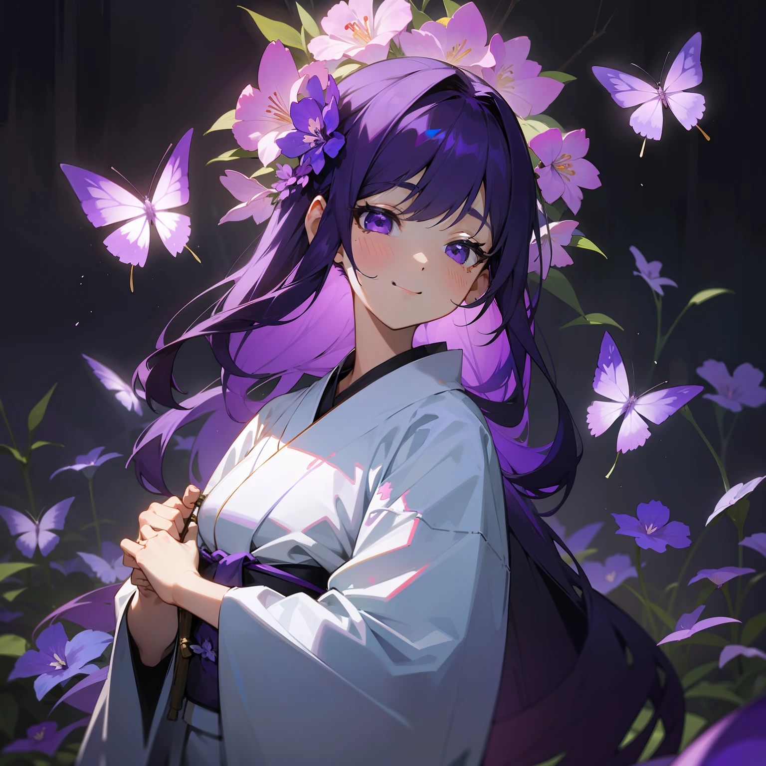 In the garden with beautiful purple and white violets、One girl stood。Her hair is in colorful shades of purple and white.、Her kimono was gorgeous in purple and black.。Its aesthetic figure is、It's as fantastic as a painting.、It was as if I was one with the nature around me.。Like the flower language of violets「blissful」with the「Pure」Her happy face symbolizes、It was as if I hoped this moment would last forever。The figure is mysterious, yet、Colorful hair and kimono、And violet flowers blooming around her々with、It was so beautiful that it seemed out of this world.。