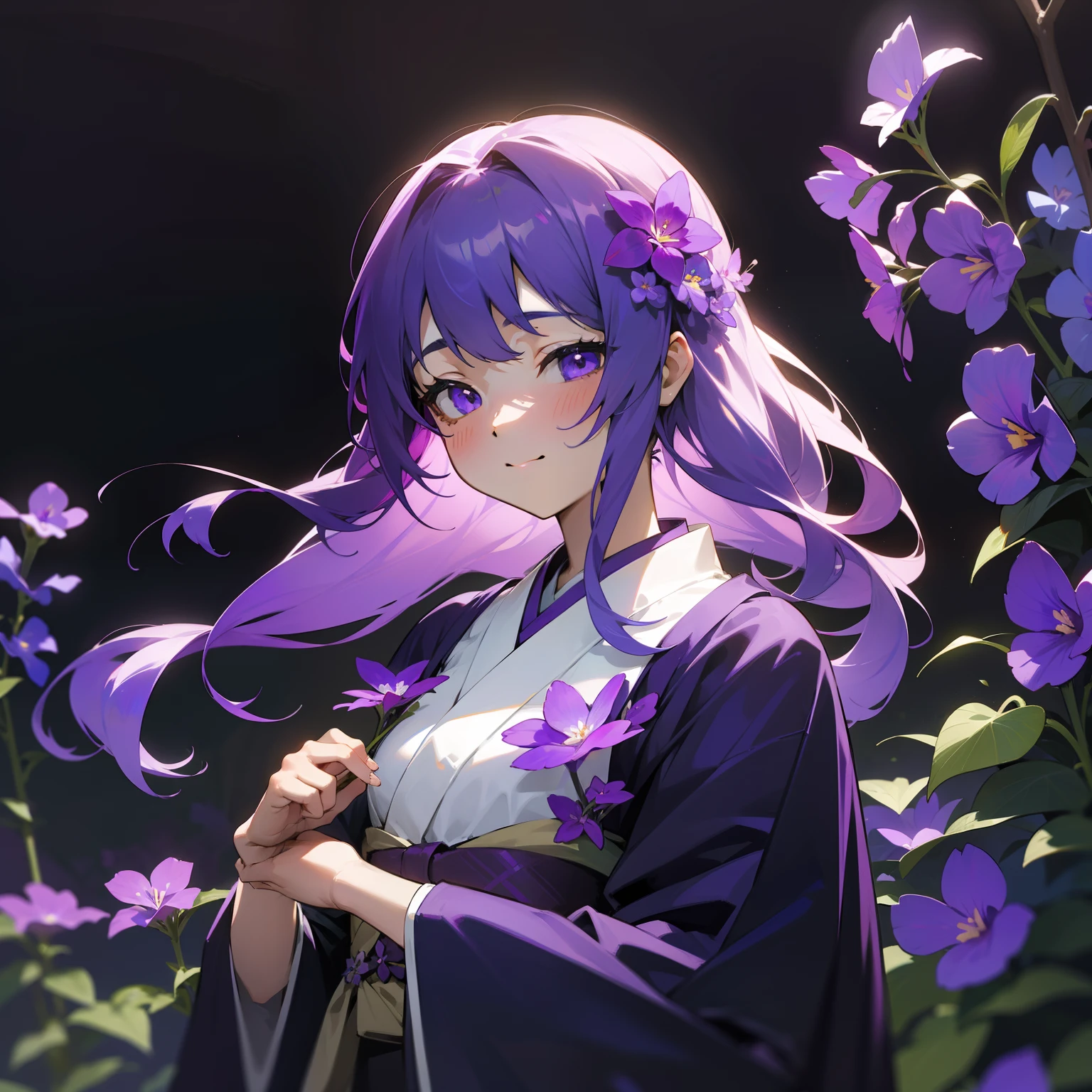 In the garden with beautiful purple and white violets、One girl stood。Her hair is in colorful shades of purple and white.、Her kimono was gorgeous in purple and black.。Its aesthetic figure is、It's as fantastic as a painting.、It was as if I was one with the nature around me.。Like the flower language of violets「blissful」with the「Pure」Her happy face symbolizes、It was as if I hoped this moment would last forever。The figure is mysterious, yet、Colorful hair and kimono、And violet flowers blooming around her々with、It was so beautiful that it seemed out of this world.。