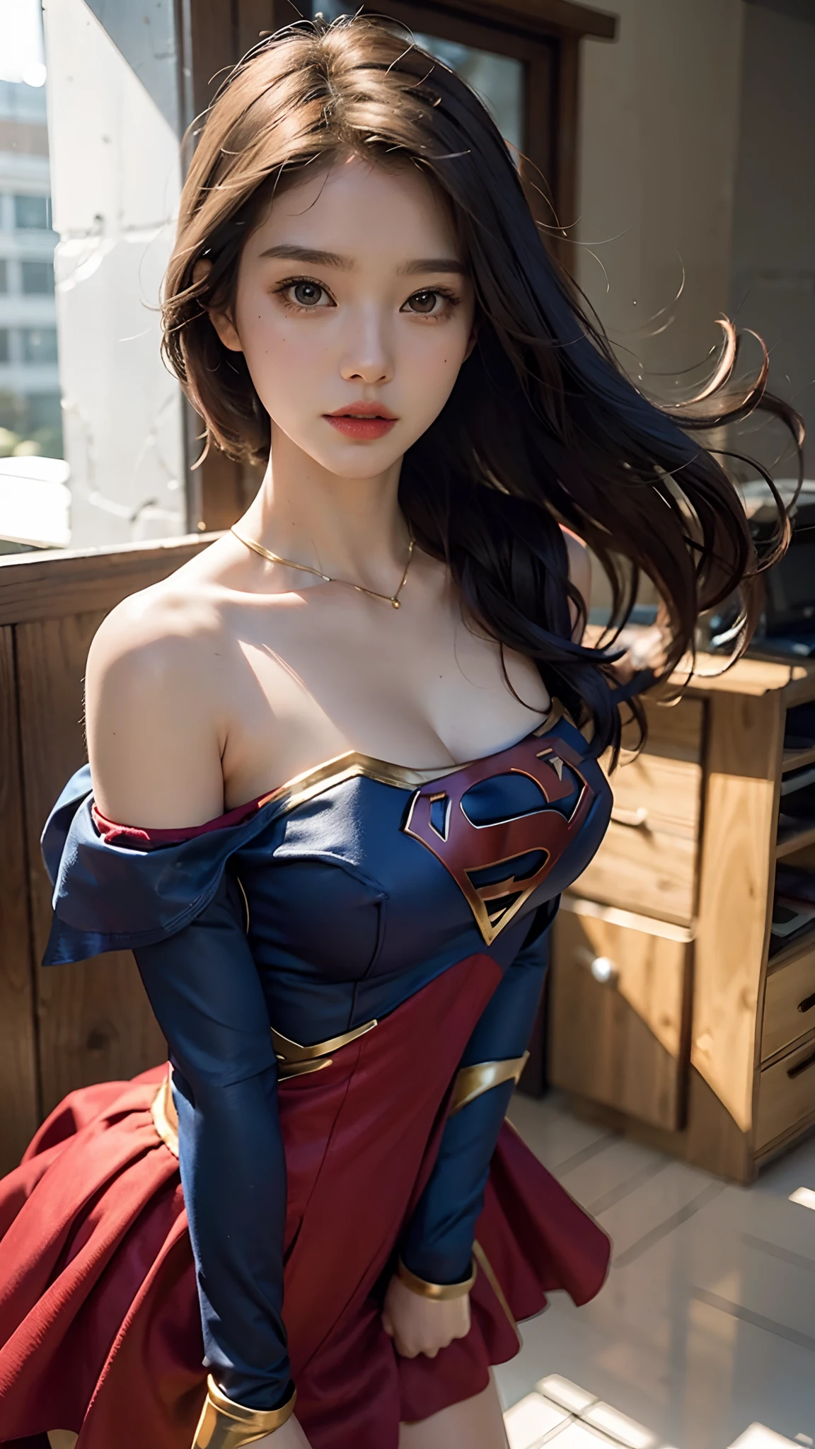 Woman body set big breasts，Supergirl costume dress，Cut clothes，Close-up，Off-the-shoulder attire，Charming