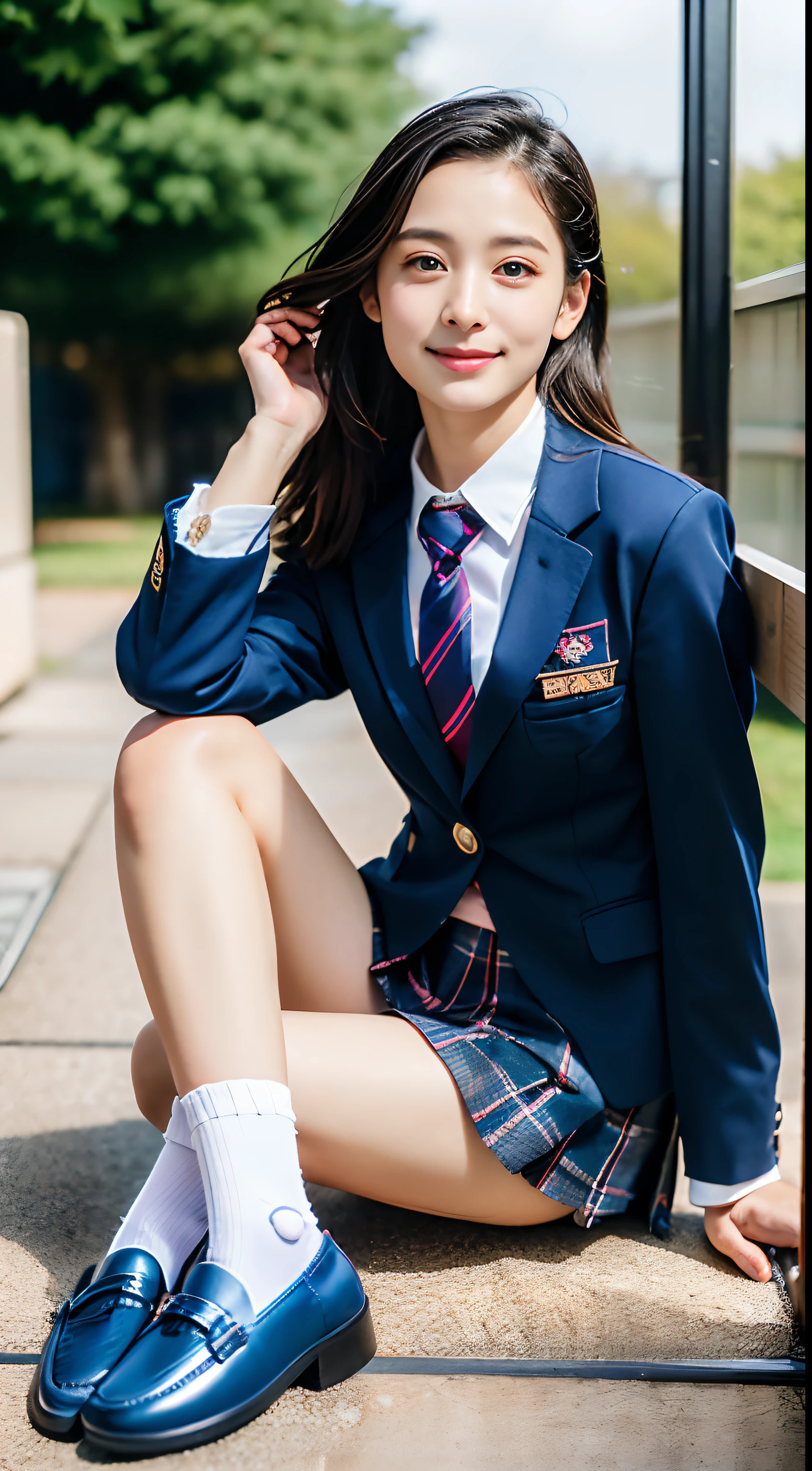 the Extremely Detailed CG Unity 8K Wallpapers、top-quality、ultra-detailliert、​masterpiece、realisitic、Photo Real、extremely detailed cute girl、18year old、High school girl sitting on floor with legs crossed、Sophisticated、Young children、Young sensuality、年轻、(High school student in Japan uniform)、(skirt rift)、(Lifted by yourself)、low angles、red blush、ruddy lips、looking at the viewers、Semi-body shot、(Large crowds)、(Crowded school shoebox)、(Japan high school uniform and designated shoes)、(Dark blue blazer:1.2)、(plaid skirts:1.5)、(White shirt for students)、 (Long tie:1.2)、(light brown random hair)、(White panty)、(cammel toe)、(Black loafers:1.5)、(beauitful face:1.3)、(perfectly proportions:1.2)、(Long feet:1.2)、(Beautiful:1.3)、((Panties can be seen from under the skirt))、(Textured skin)、(Japan high school uniform wet in the rain)、face that seems to cry、((wetting hair、wetted skin))、appearance々Angle、(Wet white panties)、sexy facial expression、Dark blue cardigan、Angle from directly above、((open one's legs))、lure、AHE Face、I can see panties、(Skirt left)、(Skirt flips up)、(Light panties -:1.3)、(wetting hair、wetted skin)、Sateen、cloudiness、throbbing、(nfsw)