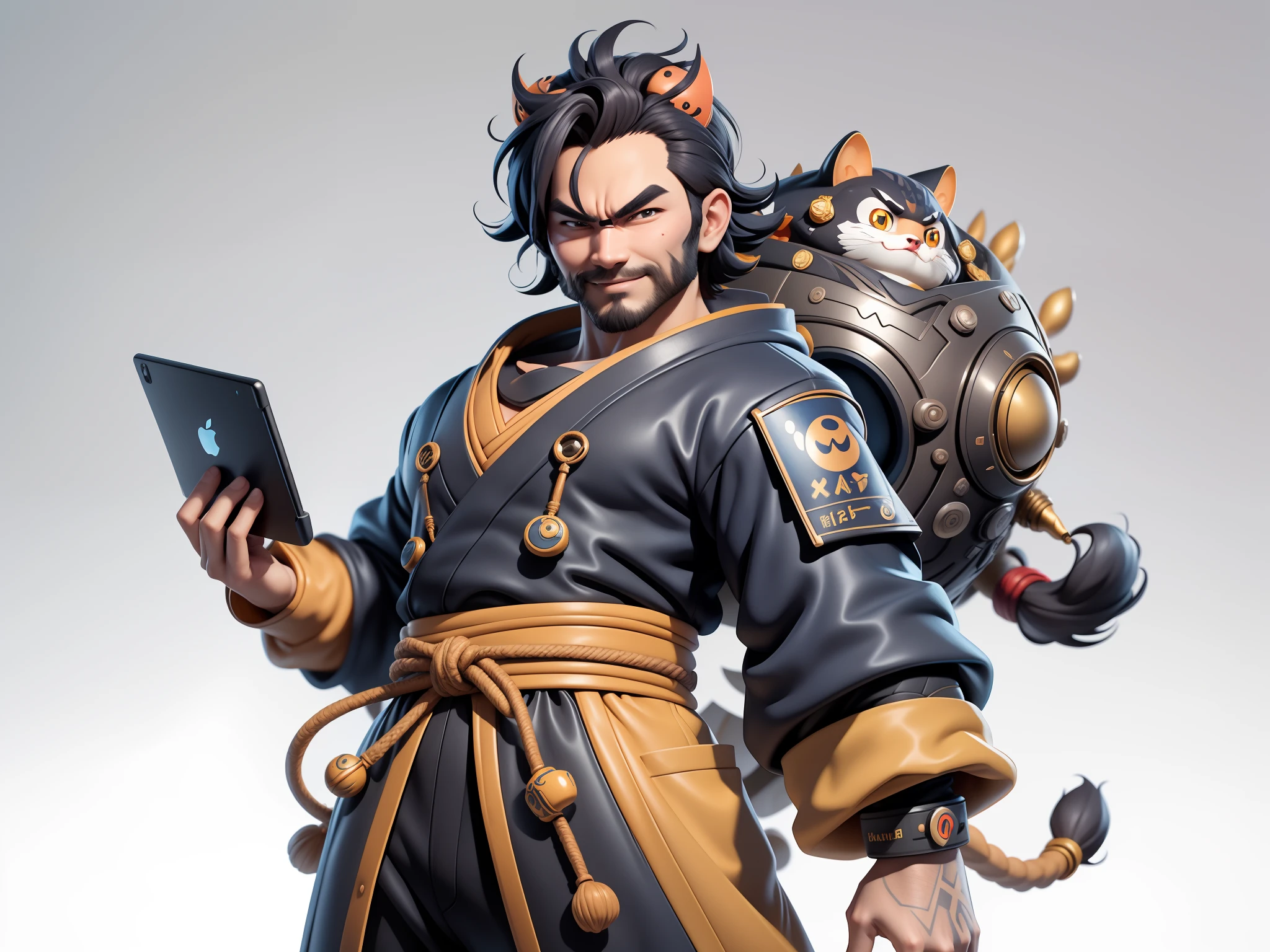 (Daisaku),(Need),(Super meticulous),(full bodyesbian:1.2),Super young man with Japanese geisha，Beautiful，orient，one tiger，Aeolian Thor，Raised sexy，爆乳，Oriental face，TV Anchor，Bust portrait illustration，In black suit，a blue tie，The face is slightly chubby，The face was clean，without a beard，Black super short hair，Black eyes，Smile confidently，3C computer sub-products，iPad， iphone，Digital painting，3D character design by Mark Clairen and Pixar and Hayao Miyazaki and Akira Toriyama，The illustration is a high-definition illustration in 4K resolution，With very detailed facial features and cartoon-style visuals。