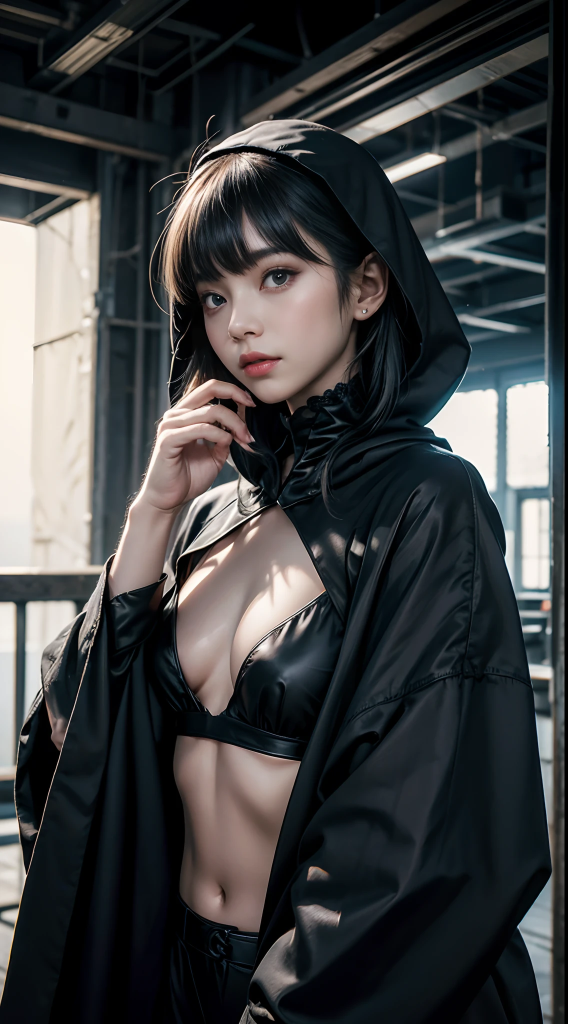 (8K, Raw photography, top-quality, ​masterpiece:1.2),  One Woman、Japan at the age of 18,fullllbody.{scinematic angle、Wide Angle、Don't split the screen、Shoot the peephole}（Realistic Skins 1.4）、（（（shinigami、Black hood、Black cloak、Big sickle、Do not show the skin、Cover your whole body with a cloak）））、（（（In the dark forest、Pitch black night、Deep fog）））（（Dark））、50mm Lens、30mm film、wide angles、（a short bob、）、（A dark-haired、The forehead is hidden by bangs、）、Black eyes、shinny skin.Beautiful delicate face、Beautiful delicate eyes、｛tiny chest、small tits、muscular body、Thicker thighs｝、One piercing in each ear、