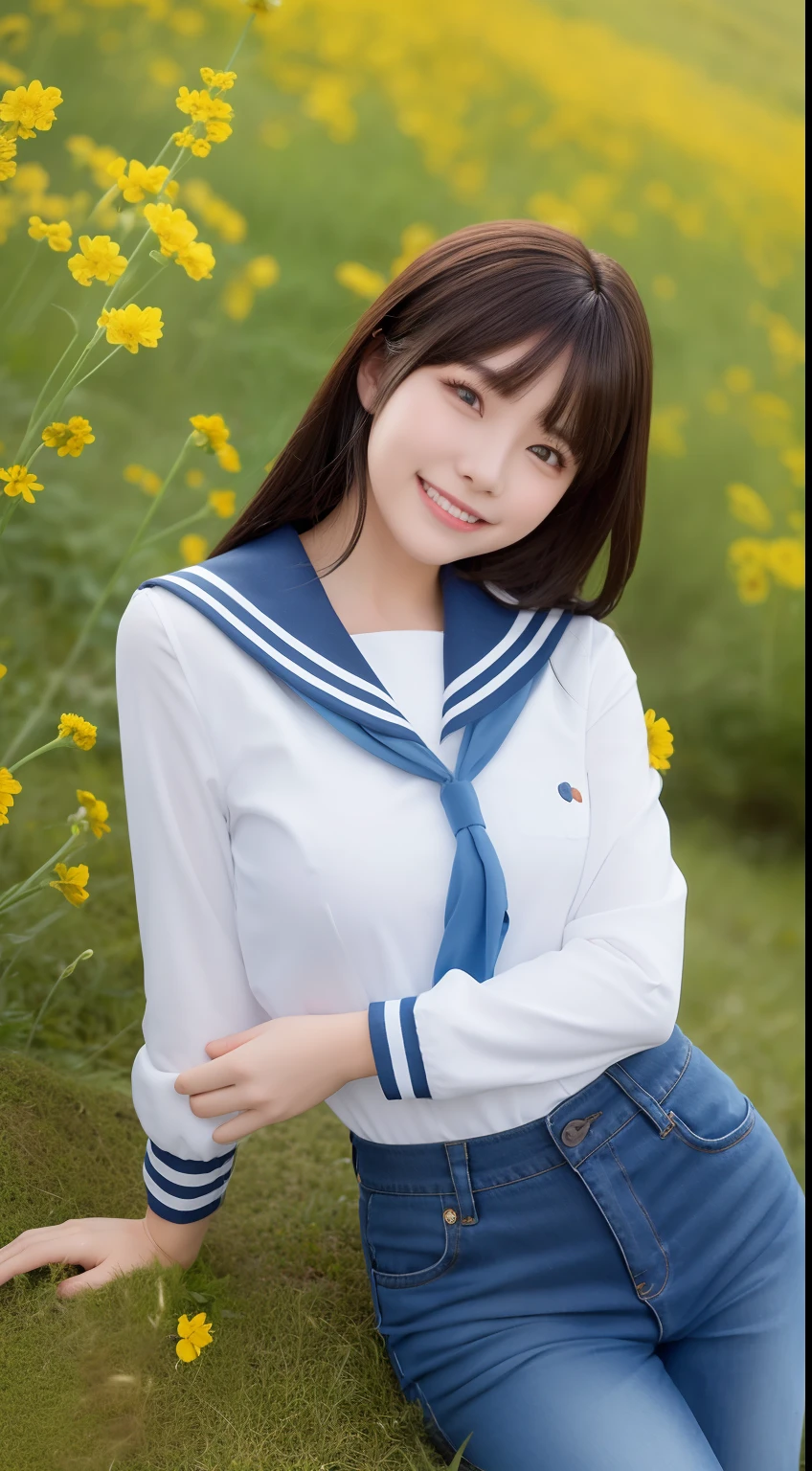 A smiling girl，Wear a tight sailor suit，denim pant，Lying on a large mossy rock in the middle of a field of rape flowers，com rosto detalhado，The eyes are delicate，The photo quality is the best，Realistic image quality，Background diffuse lighting，Depth of field display。