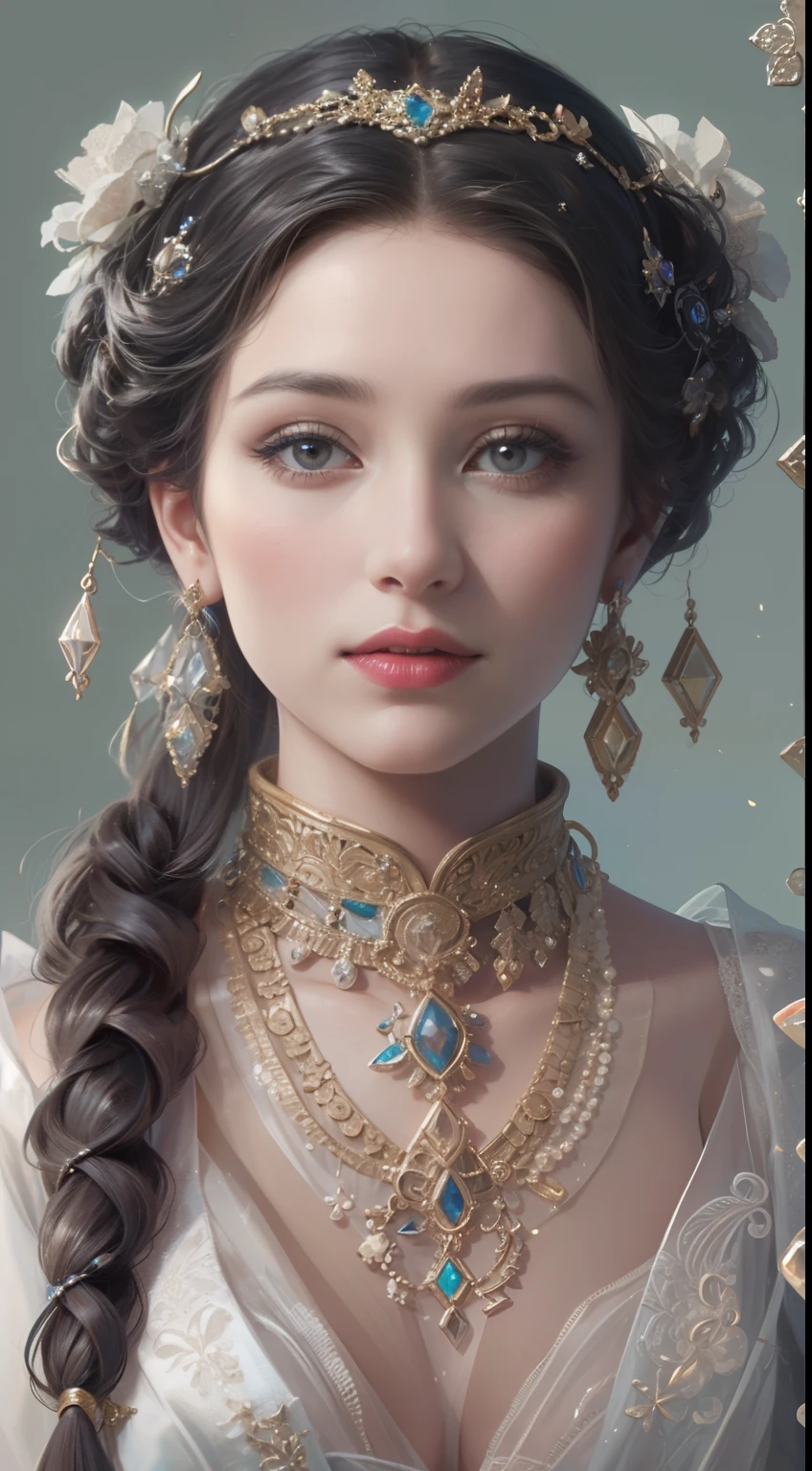 tmasterpiece,Highest high resolution,Beautiful bust of a noble lady,Delicate black braided hair,Brown clear eyes,The hair is covered with beautiful and delicate floral craftsmanship, Crystal jewelry filigree,Ultra-detailed details,upscaled。Soft lighting