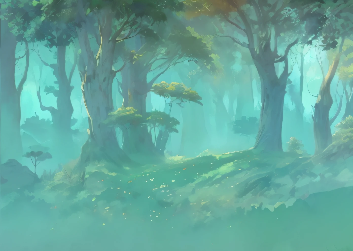 There is a painting，The painting is a forest，There are a lot of trees, elf forest background, vast forest, fantasy forest background, fantasy forest environment, fantasy forrest background, velly distant forest, fantasy forest landscape at day, soft forest background, fantasy forest landscape, environment concept art, Fantasy Forest, Random forest landscape, environment concept art, background artwork, Concept art wallpaper 4K