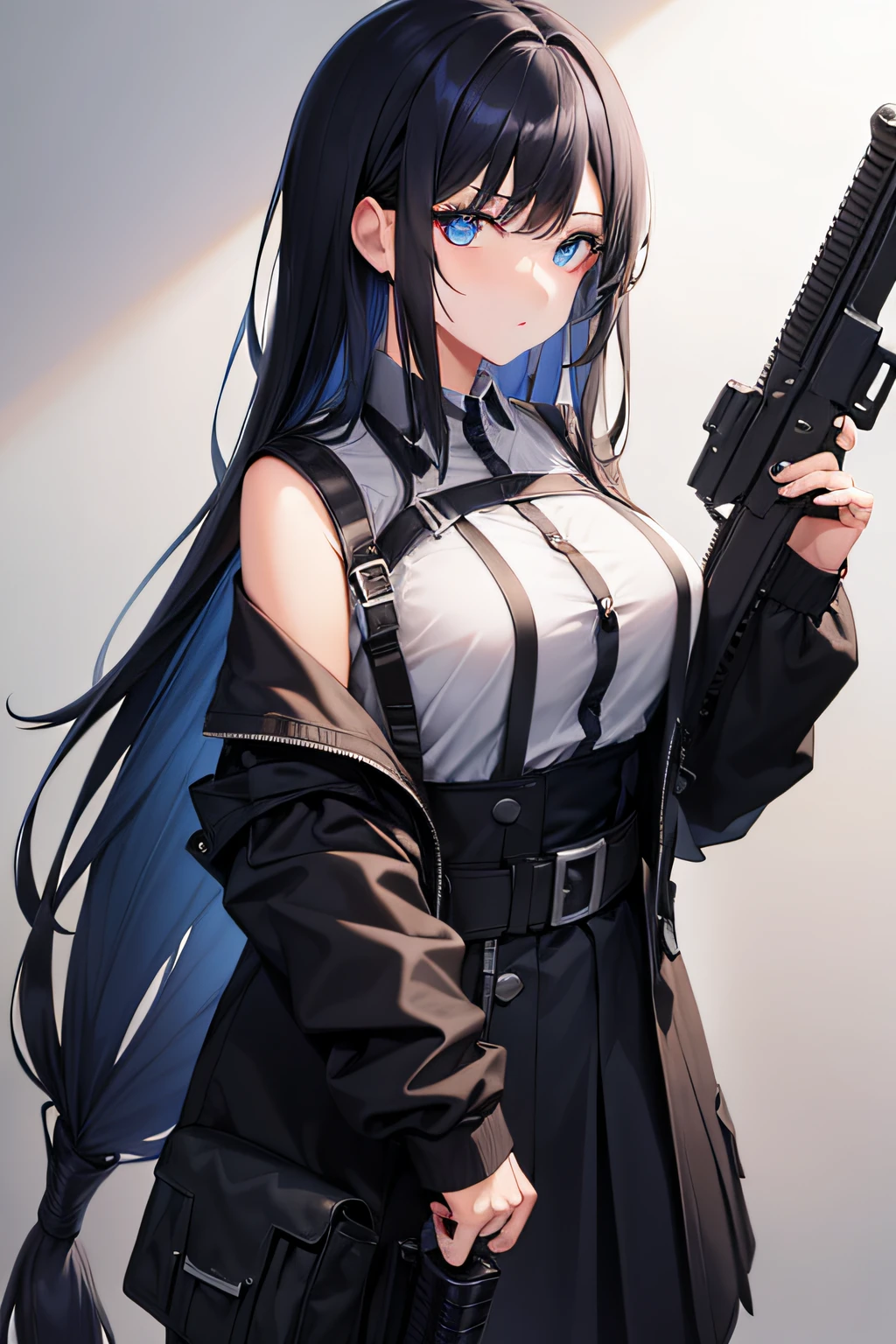1girl in, Black hair, Long hair, gun, blue eyes