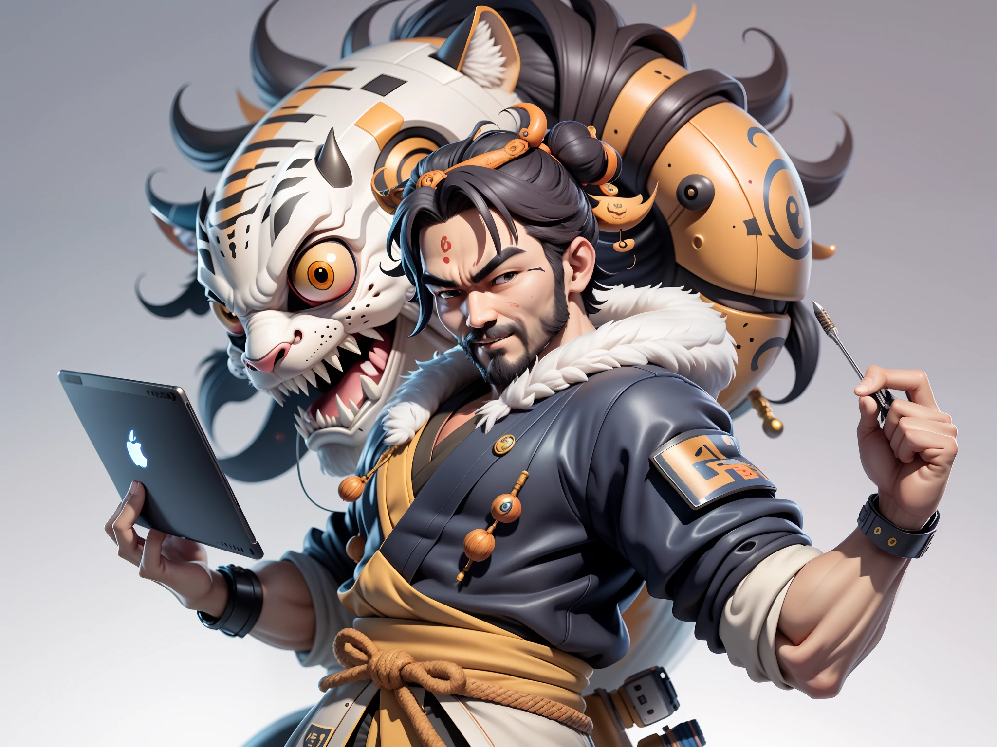 (Daisaku),(Need),(Super meticulous),(full bodyesbian:1.2),Super young man with Japanese geisha，Beautiful，orient，one tiger，Aeolian Thor，Raised sexy，爆乳，Oriental face，TV Anchor，Bust portrait illustration，In black suit，a blue tie，The face is slightly chubby，The face was clean，without a beard，Black super short hair，Black eyes，Smile confidently，3C computer sub-products，iPad， iphone，Digital painting，3D character design by Mark Clairen and Pixar and Hayao Miyazaki and Akira Toriyama，The illustration is a high-definition illustration in 4K resolution，With very detailed facial features and cartoon-style visuals。