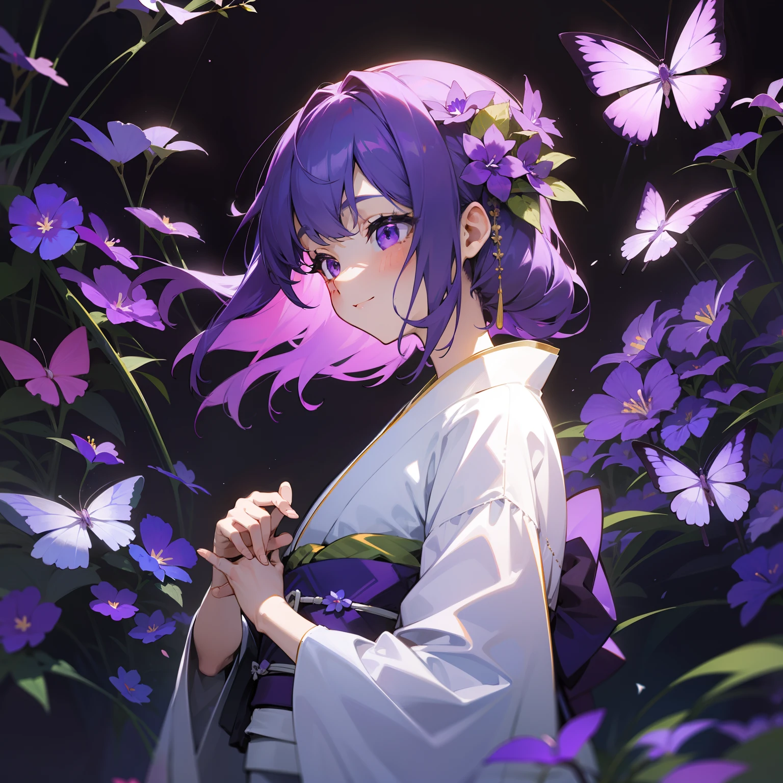 In the garden with beautiful purple and white violets、One girl stood。Her hair is in colorful shades of purple and white.、Her kimono was gorgeous in purple and black.。Its aesthetic figure is、It's as fantastic as a painting.、It was as if I was one with the nature around me.。Like the flower language of violets「blissful」with  the「Pure」Her happy face symbolizes、It was as if I hoped this moment would last forever。The figure is mysterious, yet、Colorful hair and kimono、And violet flowers blooming around her々with、It was so beautiful that it seemed out of this world.。