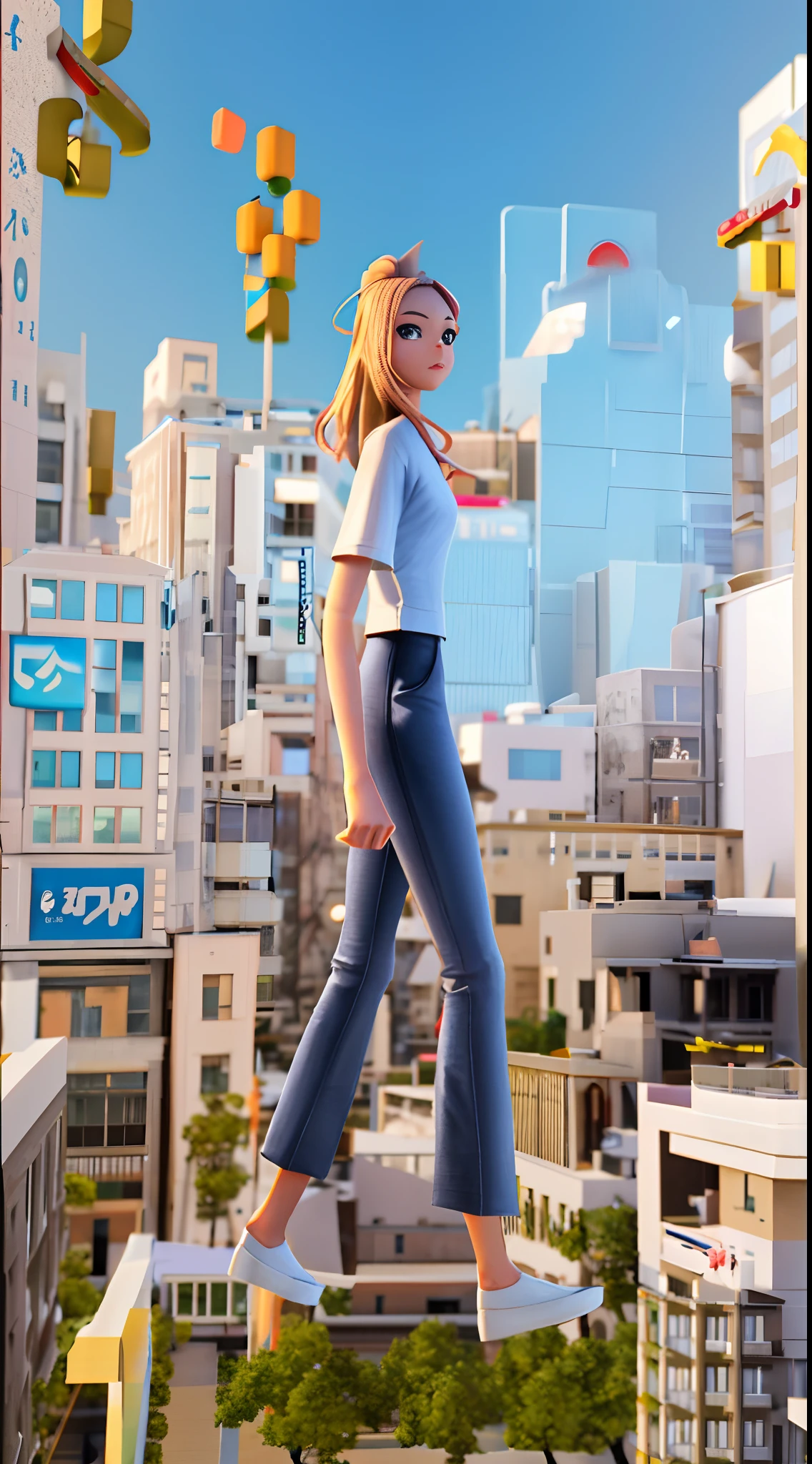 Anime girl walking on city street, A modern Chinese city in the background, promotional render, Pop 3D Ultra Detailed, Realistic anime 3 D style, highly detailed giantess shot, anime styled 3d, animation style render, Rolands Zilvinskis 3D rendering art, walking on top of a tiny city