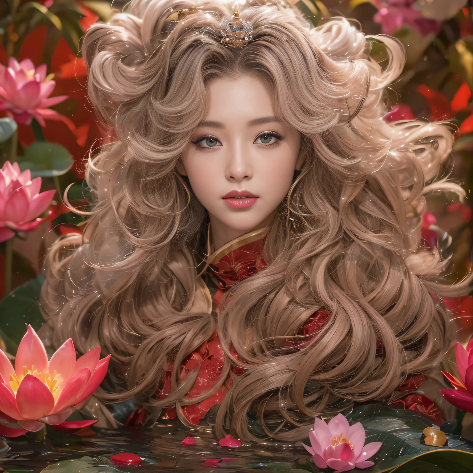 32K(tmasterpiece,k hd,hyper HD,32K)Large curls,Flowing rouge,ponds,zydink, a color, Asian people (Silly girl), (Silk scarf), Combat posture, looking at the ground, Large rolls of rouge, Flowing rouge curls, Crocodile leather tiara, Chinese long-sleeved clothing, (abstract ink splash:1.2), Pink lotus background,Water lily flower protector(realisticlying:1.4),Rouge hair,Autumn is in full swing,The background is pure, A high resolution, the detail, RAW photogr, Sharp Re, Nikon D850 Film Stock Photo by Jefferies Lee 4 Kodak Portra 400 Camera F1.6 shots, Rich colors, ultra-realistic vivid textures, Dramatic lighting, Unreal Engine Art Station Trend, cinestir 800,Large curls,Flowing rouge