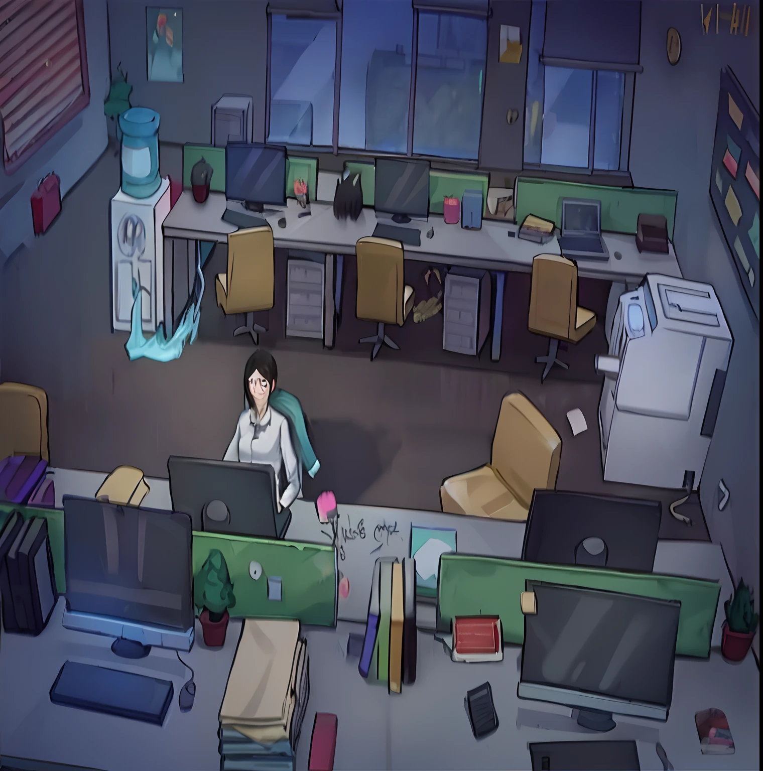 There is a caricature,A woman sitting at her desk holding a computer, point-and-click adventure game, style of madhouse studio anime, epic scene full of computers, video game screenshot>, office backdrop, random background scene, video game cutscene, cinematics, Anime background art, life simulator game screenshot, busy room, visual novels CG,JXMC style,