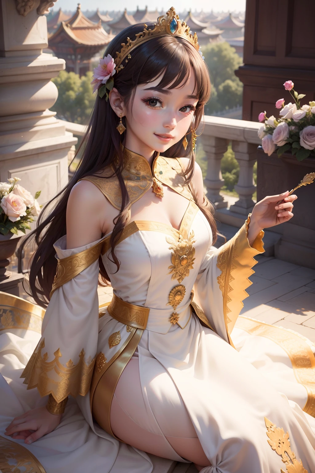 masterpiece, (best quality), beautiful princess in renascence dress, palace balcony crowd, imperial city, vibrant, slight smile, flowers, a lot of details,