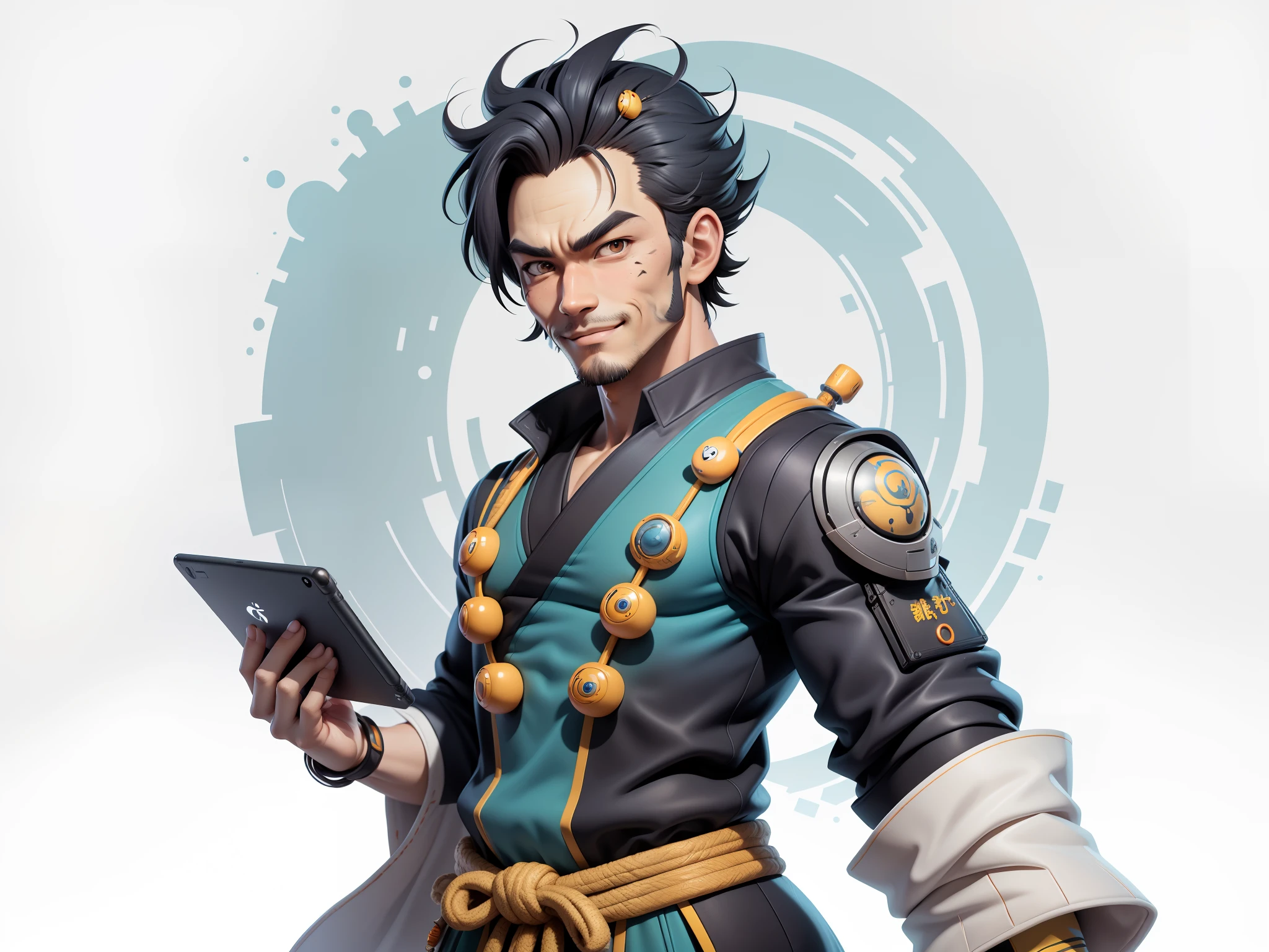 (Daisaku),(Need),(Super meticulous),(full bodyesbian:1.2),Super young man with Japanese geisha，Beautiful，orient，one tiger，Aeolian Thor，Raised sexy，爆乳，Oriental face，TV Anchor，Bust portrait illustration，In black suit，a blue tie，The face is slightly chubby，The face was clean，without a beard，Black super short hair，Black eyes，Smile confidently，3C computer sub-products，iPad， iphone，Digital painting，3D character design by Mark Clairen and Pixar and Hayao Miyazaki and Akira Toriyama，The illustration is a high-definition illustration in 4K resolution，With very detailed facial features and cartoon-style visuals。
