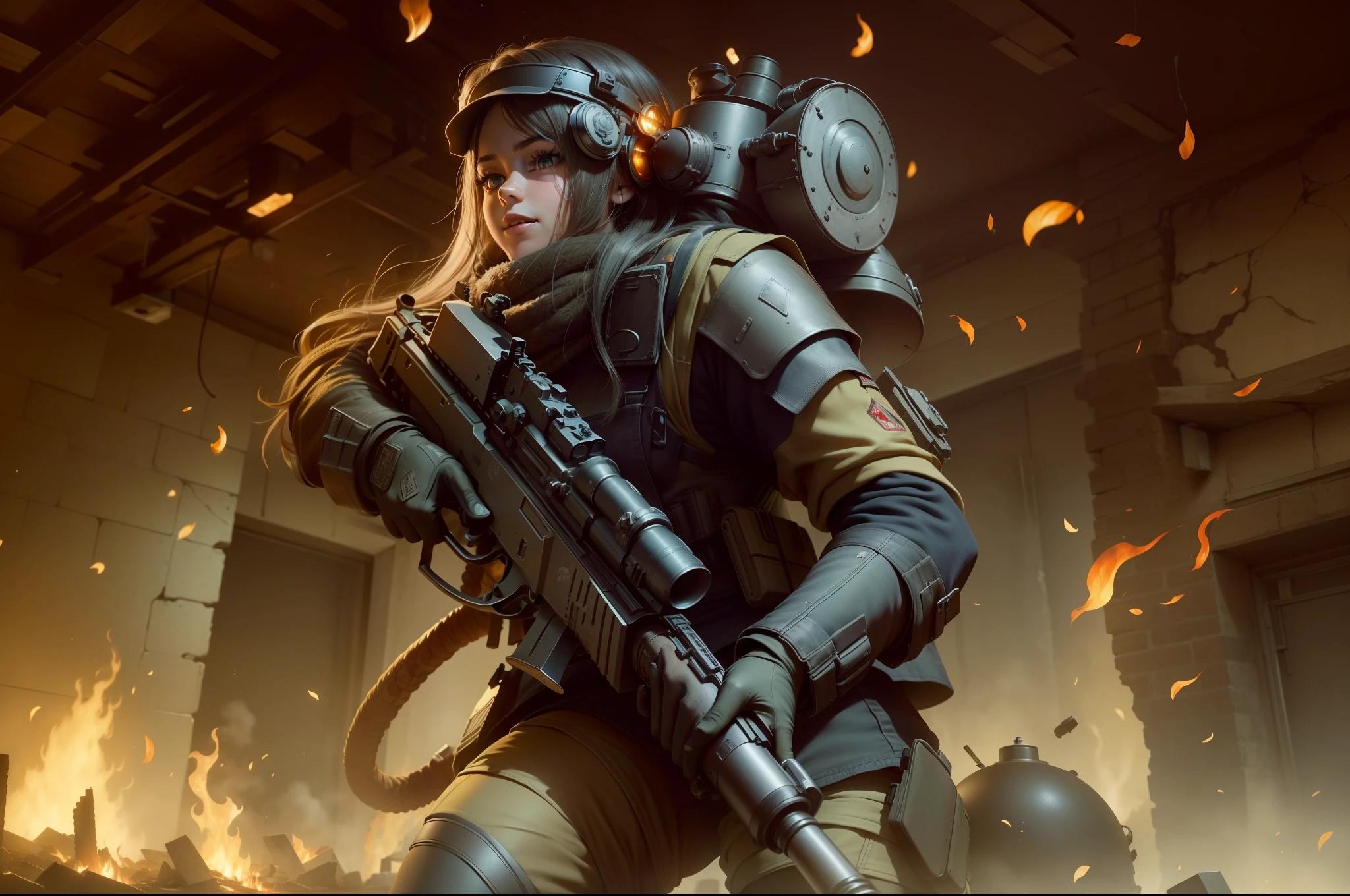 (8K,Raw photos,beste-Qualit,tmasterpiece:1.2),(Realistic,Photorealistic and realistic:1.37),hyper-detailing,extra high resolution,1个Giant Breast Girl,looking at away,beautifull detailed face,ssmile,Sniper gun,teeth,Slender hip,panty,Professional lighting,Detailed room,exterior,flames of war,