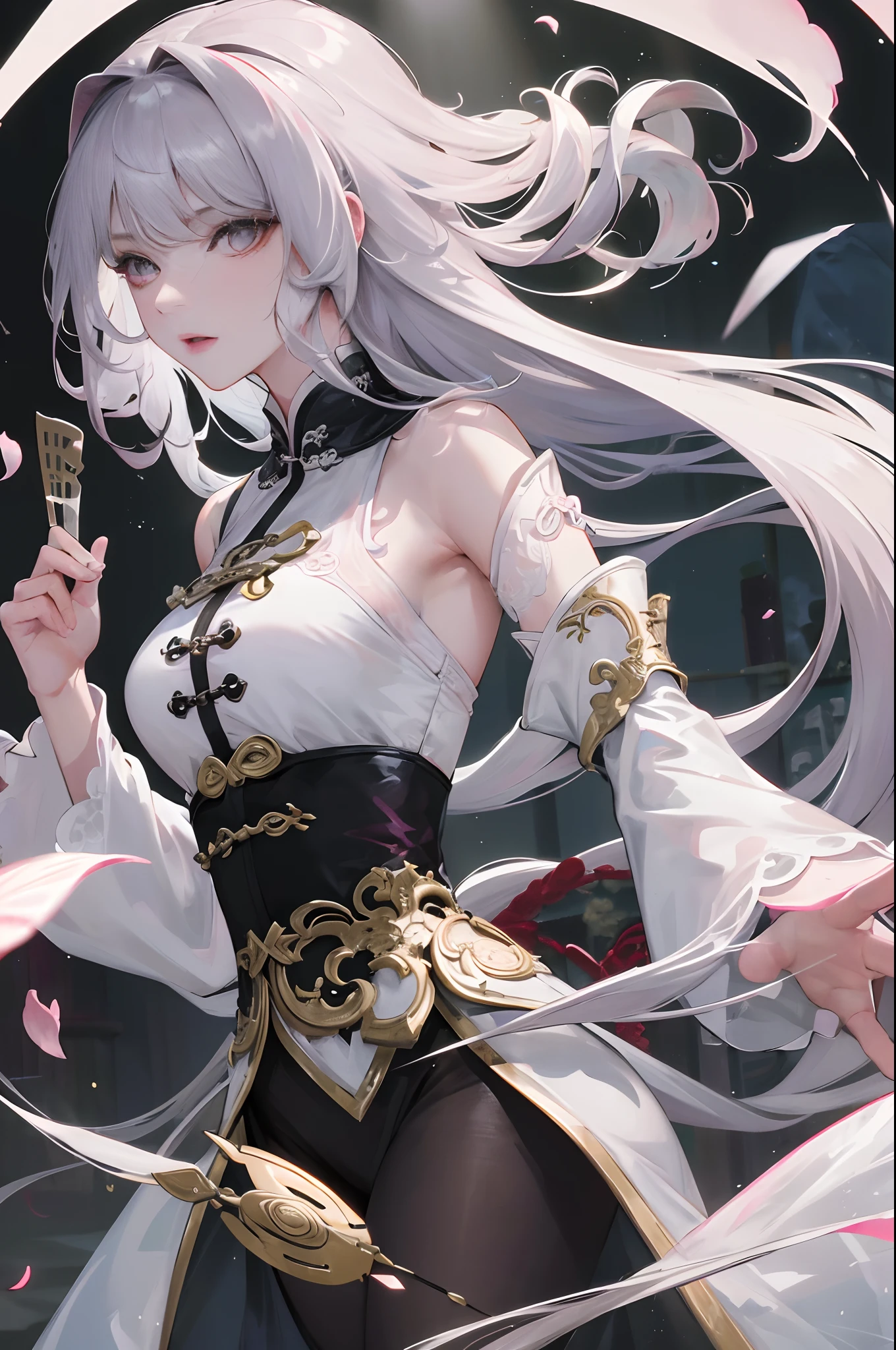 8K, Masterpiece, Best quality, Night, full moon, 1 girl, Chinese style, Chinese architecture, Mature woman, sister, Silver white long haired woman, Long hair, Light pink lips, calm, logical, bangs, Gray pupils, assassins, Fan, Knife fan, petal dancing, Delicate face,