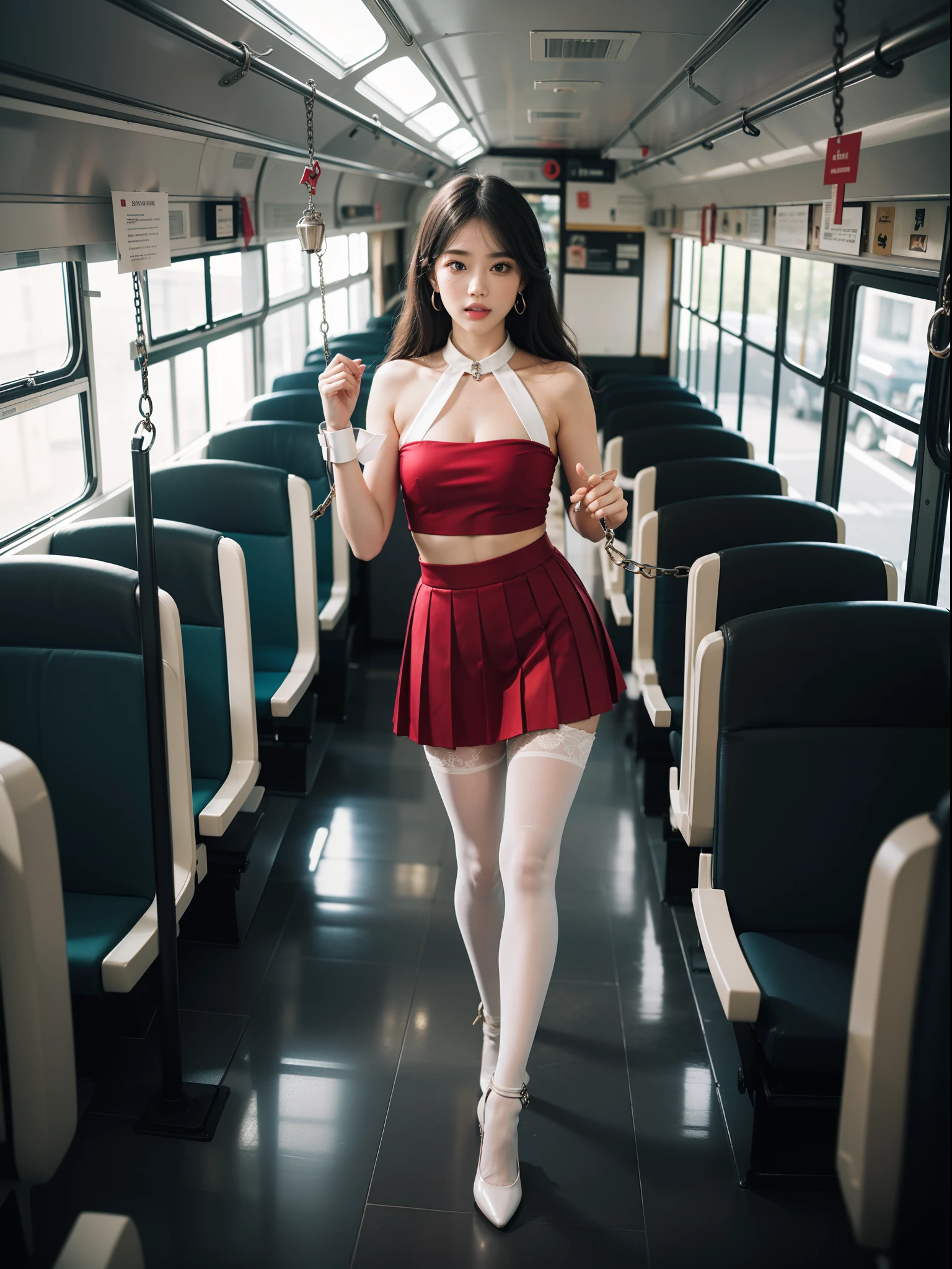 (full body:1.5),((girl):1.4),(view the viewer:1.4),(anatomy correct:1.3),(dancing on a bus:1.2),((colorful), (A red Sailor suit and checkered high waisted pleated skirt )):1.2),((white Pantyhose):1.32),( girl pointed thick heels :1.1),((Metal shackles, handcuffs, and bell collars):1.3),(Accurate and perfect face:1.3),hyper HD, Ray traching, reflective light, structurally correct, Award-Awarded, high detail, lighten shade contrast, Face lighting ,cinematic lighting, masterpiece, super detailing, high quality, high detail, best quality, 16k,High contrast,