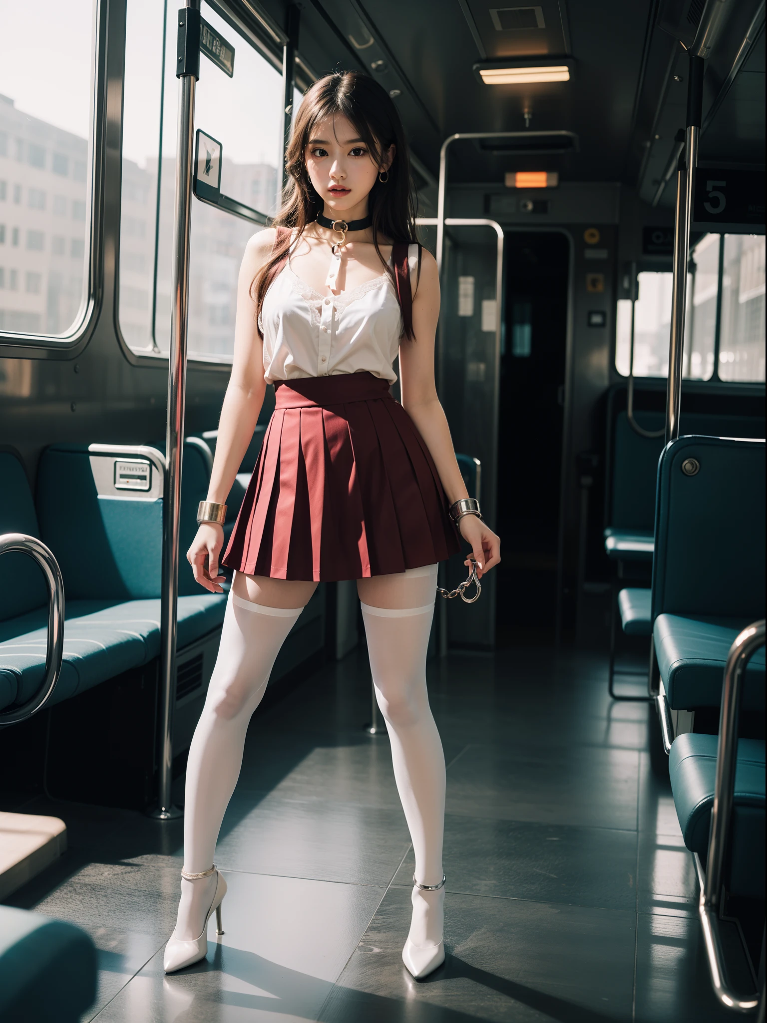 (full body:1.5)，((girl):1.4),(view the viewer:1.4)，(anatomy correct:1.3),(dancing on a bus:1.2),((colorful), (A red Sailor suit and checkered high waisted pleated skirt )):1.2),((white Pantyhose):1.32),( girl pointed thick heels :1.1)，((Metal shackles, handcuffs, and bell collars):1.3),(Accurate and perfect face:1.3),hyper HD, Ray traching, reflective light， structurally correct, Award-Awarded, high detail, lighten shade contrast, Face lighting ，cinematic lighting, masterpiece, super detailing, high quality, high detail, best quality, 16k，High contrast,