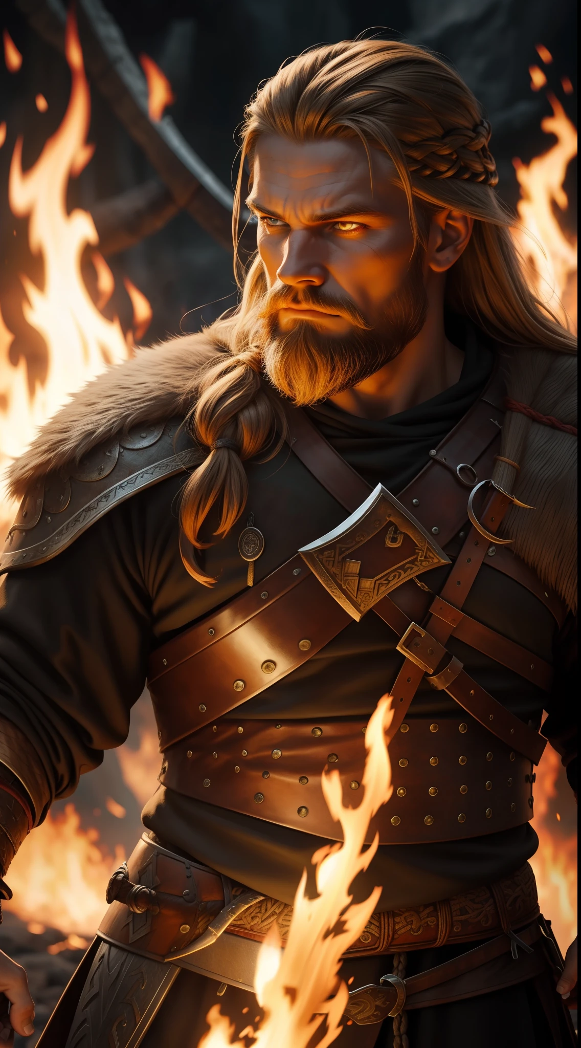 bad ass viking warrior with fire in their background, epic, realistic, 8k