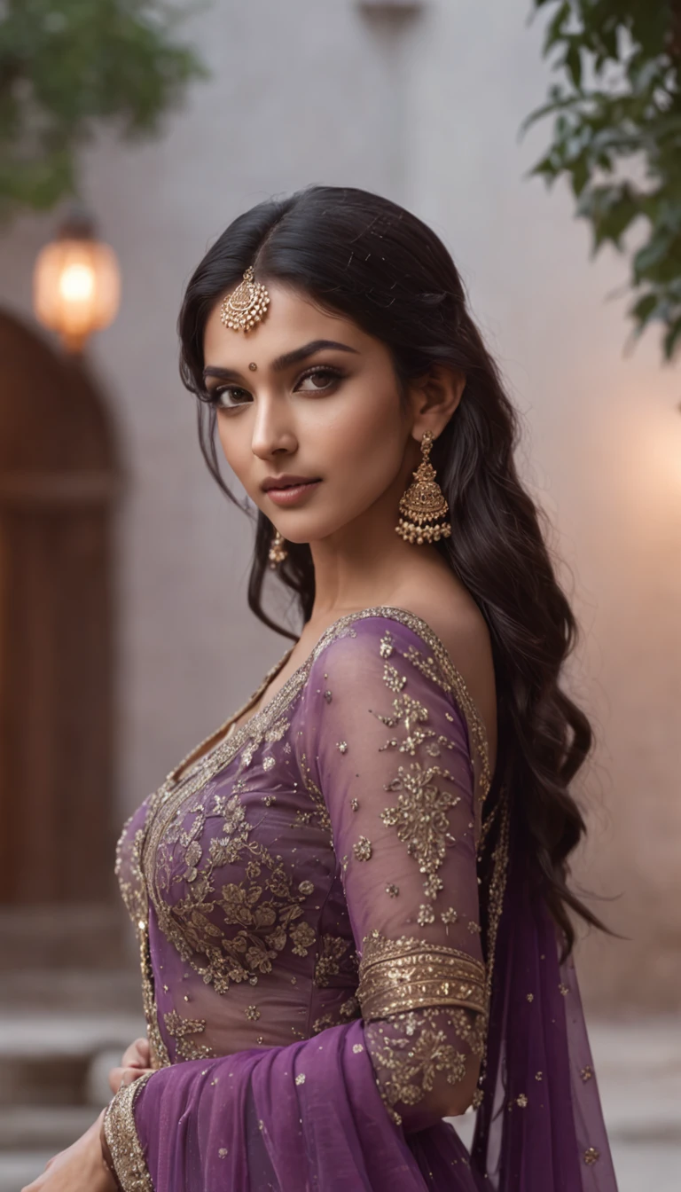 walking in a moonlit courtyard, no face features, exotic girl, beautiful indian,(indian babe:1.1), looking at the viewer, shining skin, perfect lighting, the embodiment of grace and elegance, (bridal dress in dark lilac color), (Big Tits:1.3), clear curvy details, beautiful curves, unity 8k wallpaper, ultra detailed, aesthetic, masterpiece, best quality, photorealistic