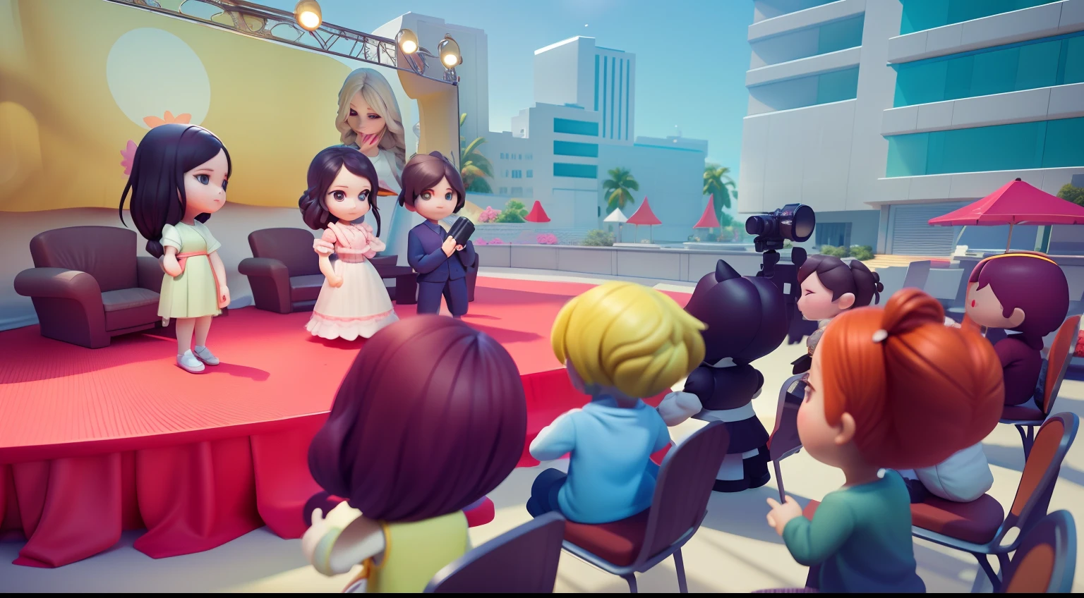 tchibi,。.3D Pixar animation style,tmasterpiece, best qualityer, ultra - detailed, Lori blonde girl, Long dress with a big smile, full bodyesbian, moderno, Modern accessories, ,The actors on the podium are being interviewed,Outdoor scene,Lateral face,Podium,ssee-through,A crowd of spectators sits in red seats,Face away from the camera,Applaud、 Beautiful lighting and ambient light on the podium,Pastel tonal background , Extremely colorful, 。.3D Q style,tchibi,A cinematic scene,Super details romantic soft focus and ethereal light,The sun shines on it,A cinematic scene,Full body 2D artwork,blur backgroun,romantic soft focus and ethereal light,The sun shines on it,A cinematic scene,super detailing,pix: 2 style,Pope Martin,movie light effect,brightly,OC renderer,C4D,。.3D,blender,8K,4K,Warm colors --NIJI 5 -- --q 2,