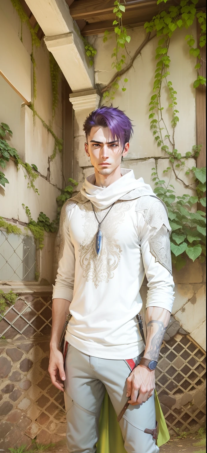 (((masterpiece, best quality, ultra detailed))), (male assassin get ready for battle, looking to viewer, perfect fingers, perfect hands), 35 years old, medieval empty ruins as background, from above, backlighting, unapproachable vibe, expressionless, purple hair, very short hair, male face, male eyebrows, male eyes, sharp nose, facial muscle, adam's apple, (sharp eyes), red pupils are glowing, medieval Assassin costumes, long assassin cloak,