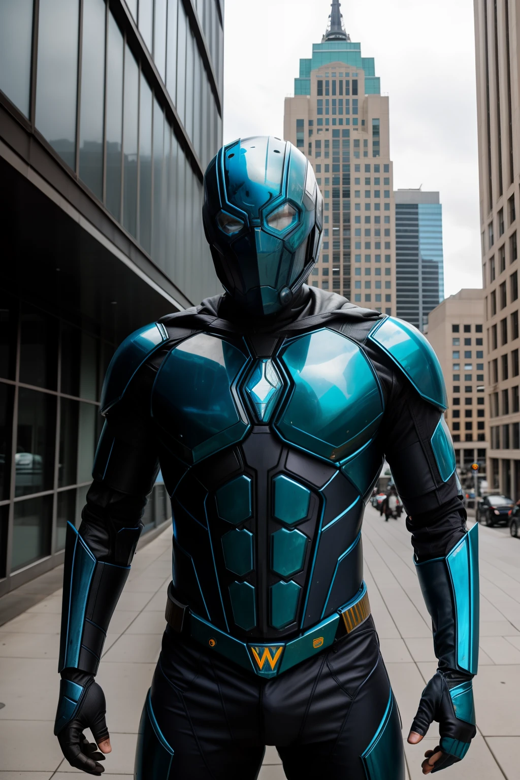 RAW photo, portrait of  "blue beetle" Humanoid creatures in clothes, atthe top of buildings, face, 8K  UHD, Digital SLR, Soft lighting, High quality, filmgrain, Fujifilm XT3