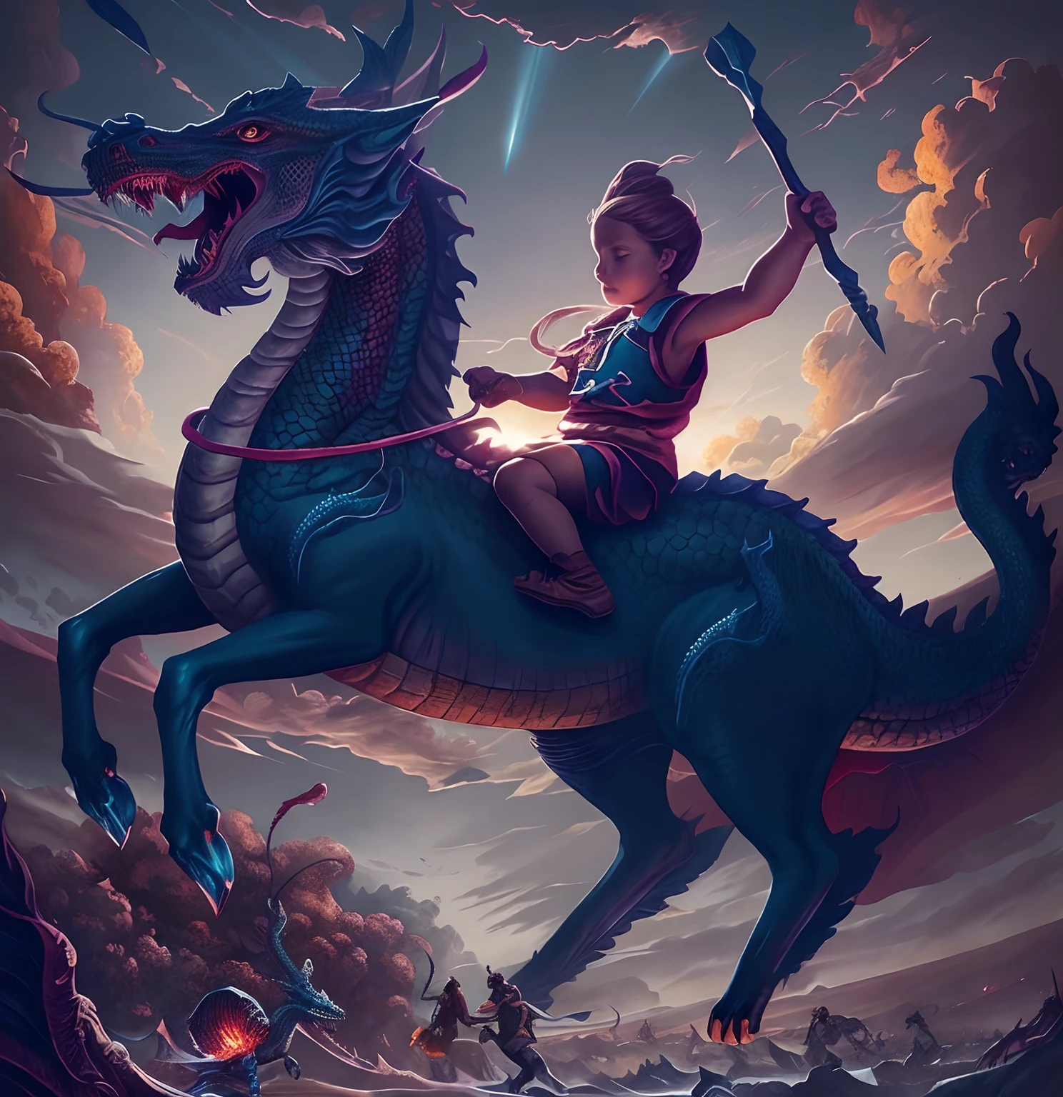The boy rides a horse with a sword and a dragon...., evening,Dragon Rider, Dragon Ride, android jones and rhads, epic fantasy digital art style, teenage girl riding a dragon, Chubby vs Dragon. passenger, Children's art in art, Epic Fantasy Illustration, Jesus rides a dragon, by Adam Marczyński, digital painting greek mythology