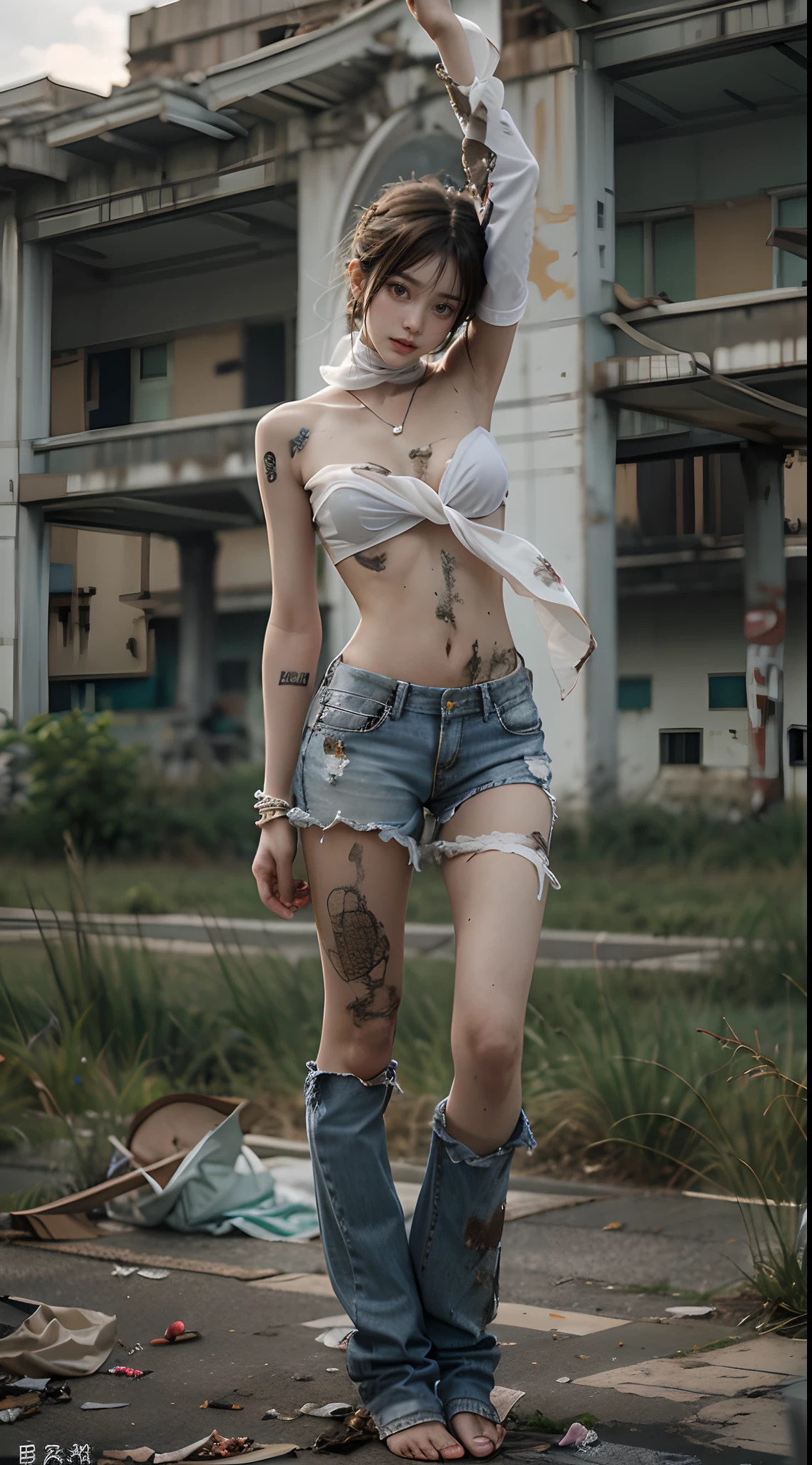 tmasterpiece，Abandoned hospital buildings，Garbage all over the ground，grimy，full-body portraits，Sexy standing pose，Slim legs，very beautiful long slim legs，The barefoot，Naked all over the body，full body exposed，exhibitionists，Systemic random exposure