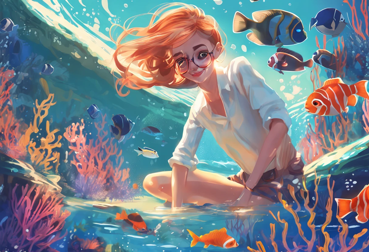 movie picture quality,Disney animation,Disney animated films,ocean floor,The corals,Glowing fish,Super huge koi swimming past the girl,Short hair and small braids,Denim suspenders,The barefoot,depth of fields,high light,Real light,Ray traching,oc rendered,Hyper-realistic,best qualtiy,8K,Works of masters,super-fine,Detailed pubic hair,Correct anatomy,sharp focus on eyes,Bokeh,Facial features are carefully depicted