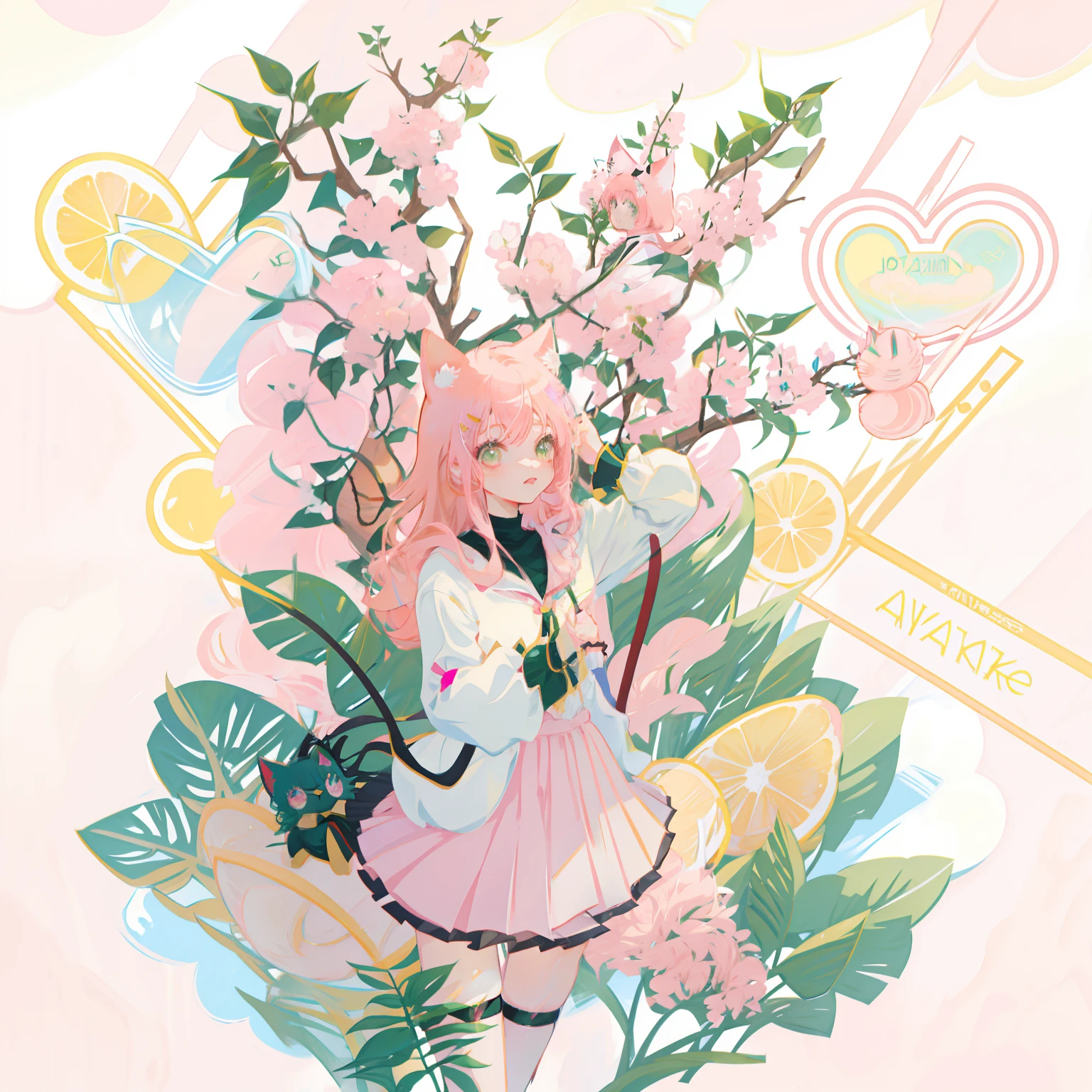 Anime girl with pink hair and green eyes make peace sign, cute anime catgirl, anime girl with cat ears, anime catgirl, nyaruko-san, Girl with cat ears, Anime moe art style, beautiful anime catgirl, with index finger, anime visual of a cute girl, Very beautiful anime cat girl, Cat woman, Cute!! tchibi!!! Cat woman